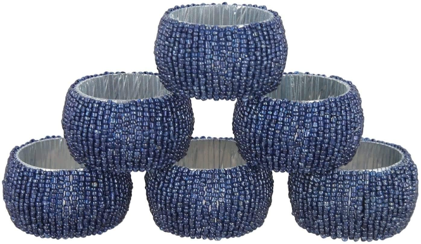 Handmade Indian Beaded Napkin Rings for Christmas, Thanksgiving, Holiday Party, Dinner Party - Napkin Holder (Navy, Set of 6)