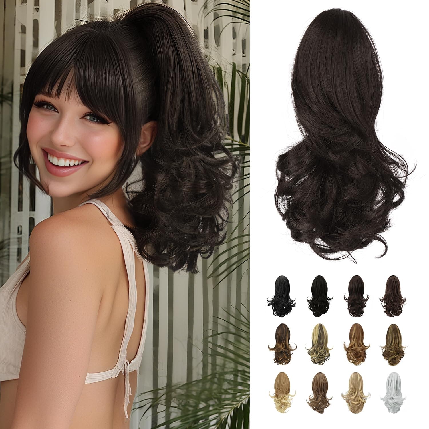 SOFEIYAN 13" Ponytail Extension Long Curly Ponytail Clip in Claw Hair Extension Natural Looking Synthetic Hairpiece for Women, Dark Brown