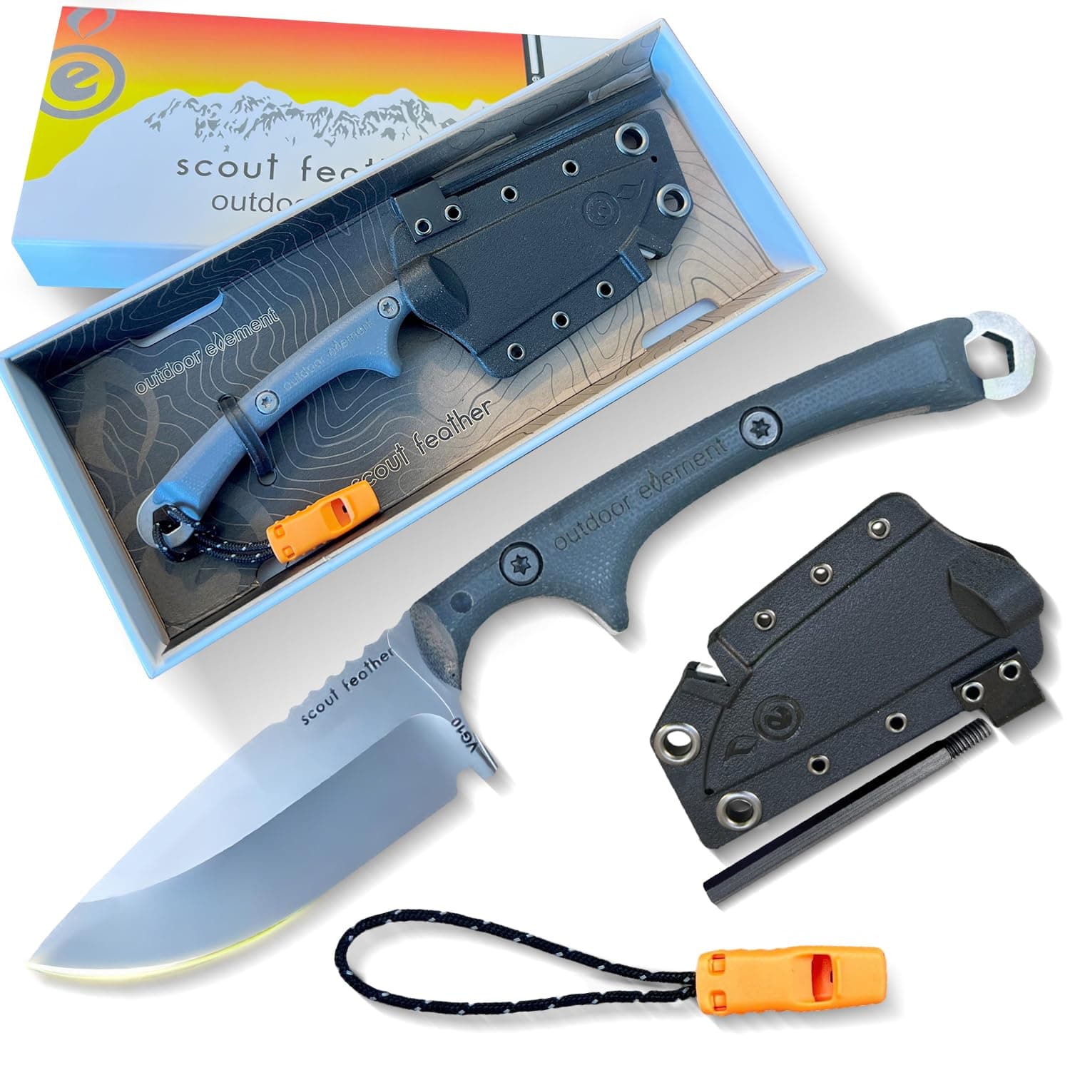 OUTDOOR ELEMENT - Scout Feather - Adventure Survival Knife - Full Tang, Ceramic Honing V Notch built into included Sheath, Hex Driver in Handle, 115dB Emergency Whistle, Replacable Ferro Rod