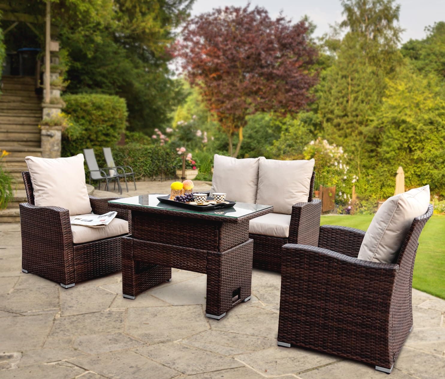 4 Seater Rattan Garden Furniture Set - Outdoor, Patio furniture, Conservatory Sofa sets - RAIN COVER INCLUDED (Dark Brown with Rising Table)