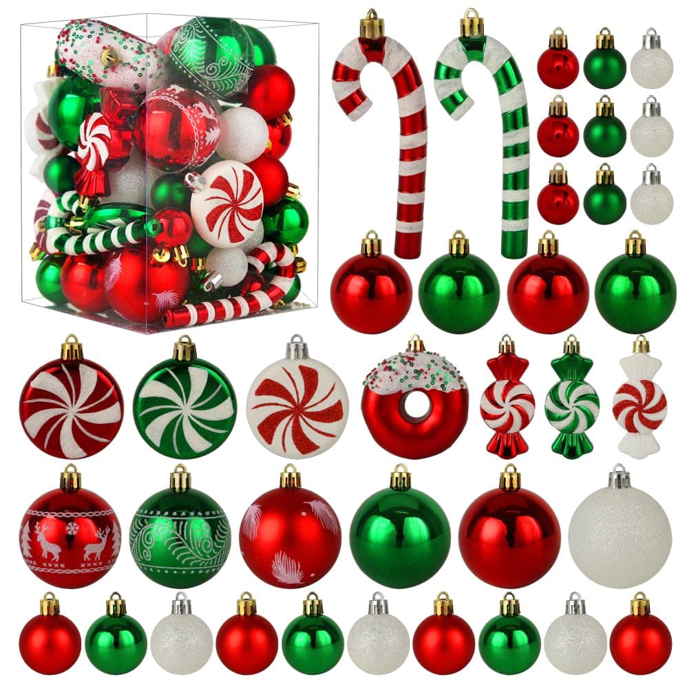 Christmas Tree Ornaments, Green Red White Christmas Ball Ornaments Set of 60 Pack Shatterproof Plastic Xmas Decorations for Home Party Tree
