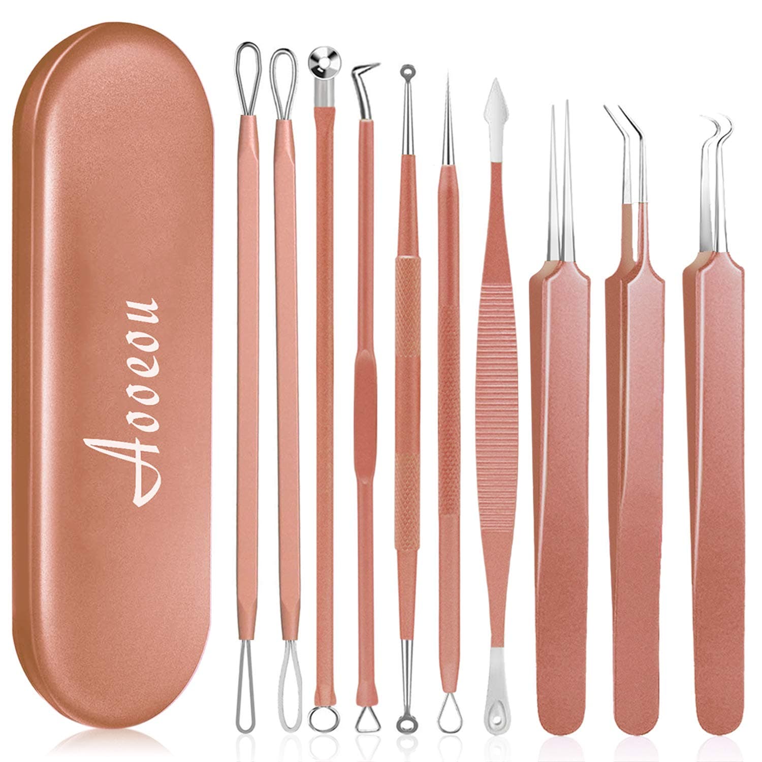 10 PCS Blackhead Remover Tool Kit, Aooeou Professional Stainless Steel Pimple Popper Tool Easy Removal for Blemish, Whitehead Popping, Zit Removing for Nose Face (Rose Gold)