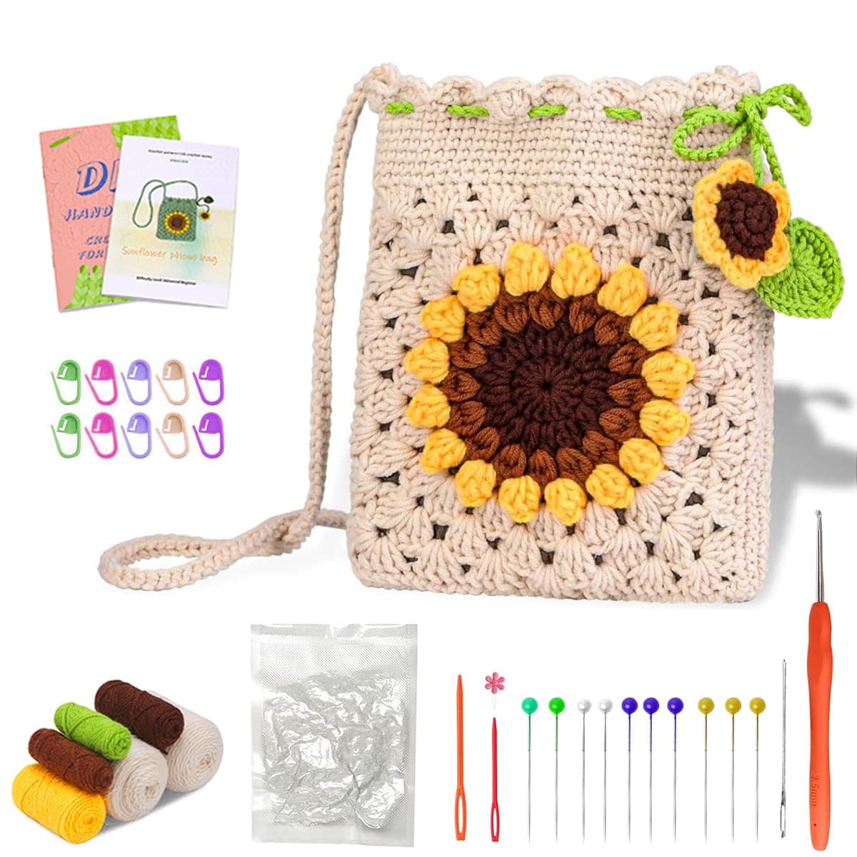 PATPAT DIY Crochet Phone Bag Material Kit Beginners Sun Flower Crochet Phone Sling Bag Material Kit with Yarn, Crochet Needles, Tools & Accessories, Tutorial Video, DIY Gift