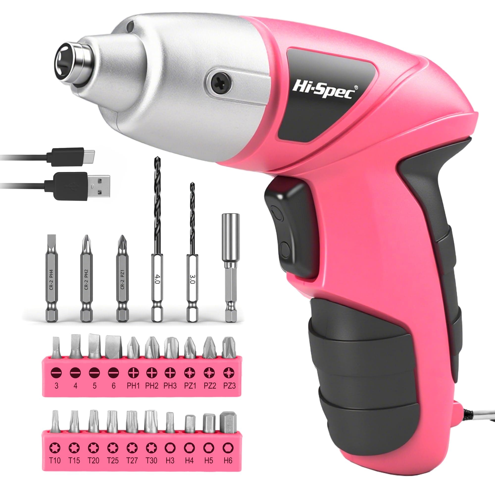 Hi-Spec 27 Piece Pink 4.8V Electric Cordless Power Screwdriver Set. Rechargeable Battery Screwdriving with 23 Popular Bit Sizes for the Home & Office