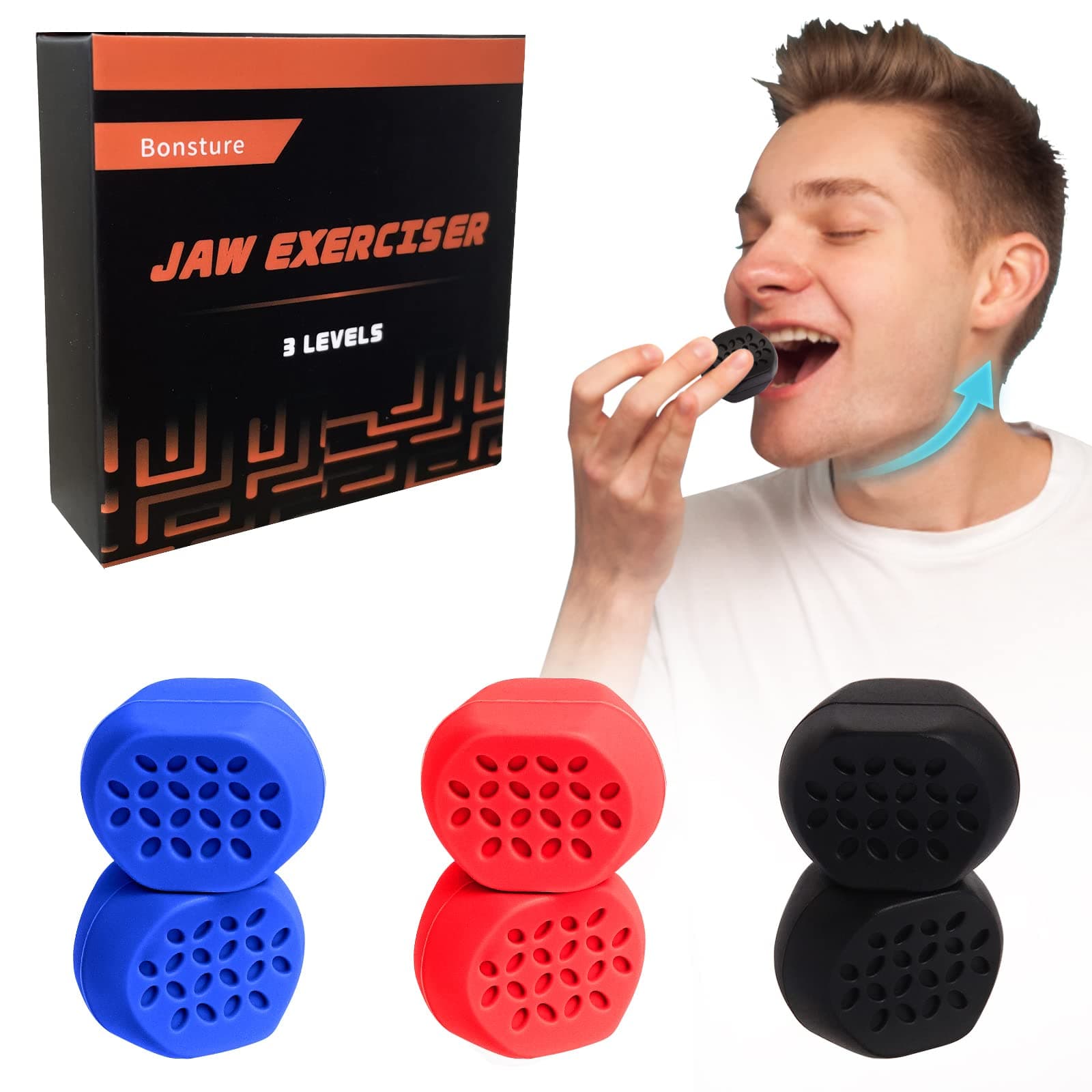 Jaw Exerciser for Men & Women – 3 Resistance Levels (6 pcs) Silicone Jawline Exerciser Tablets – Powerful Jaw Trainer for Beginner, Intermediate & Advanced Users (B)