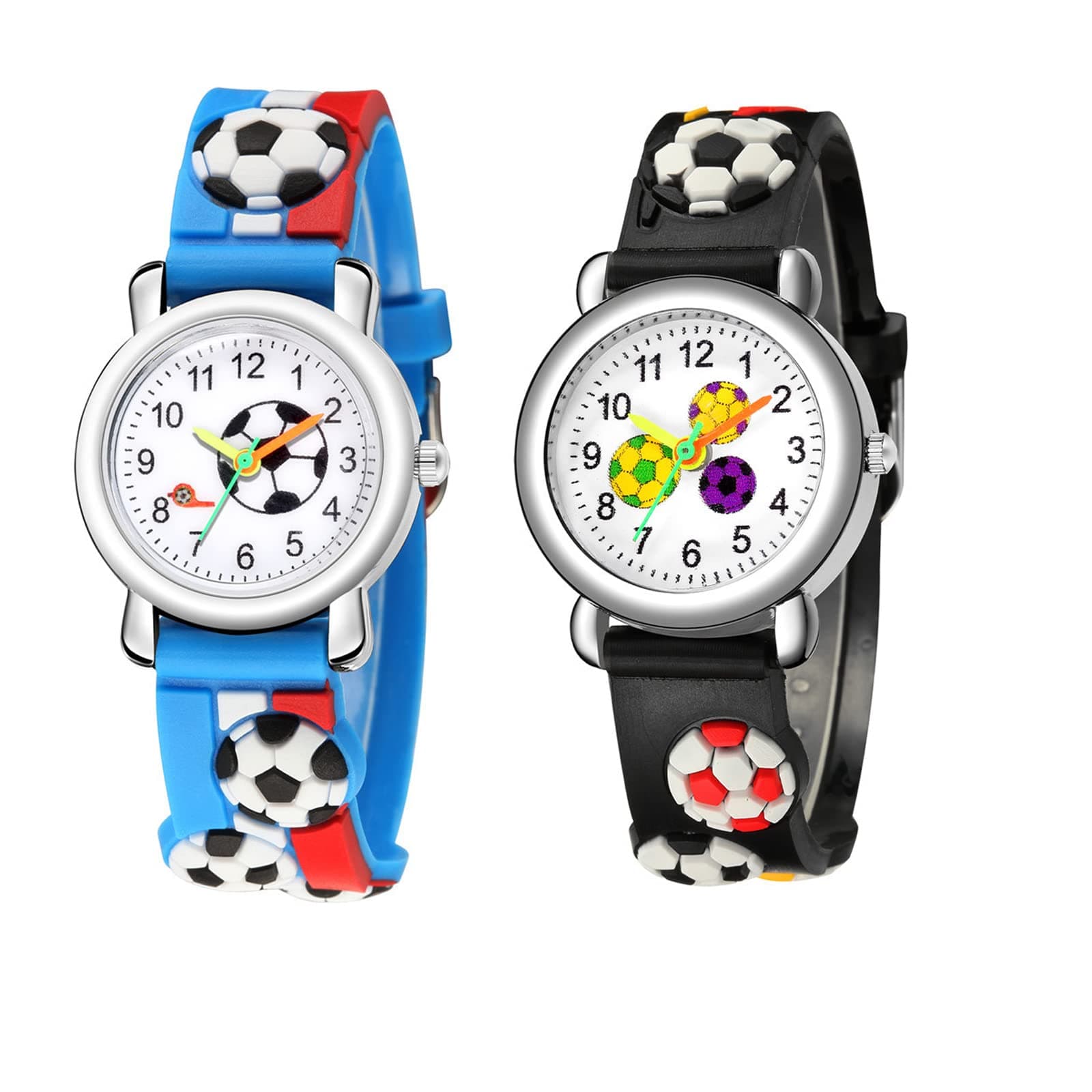 2 Packs Kids Watches for Boys 3D Football Cute Cartoon Silicone Children Toddler Wrist Watch Waterproof Time Teaching Easy to Read Watch