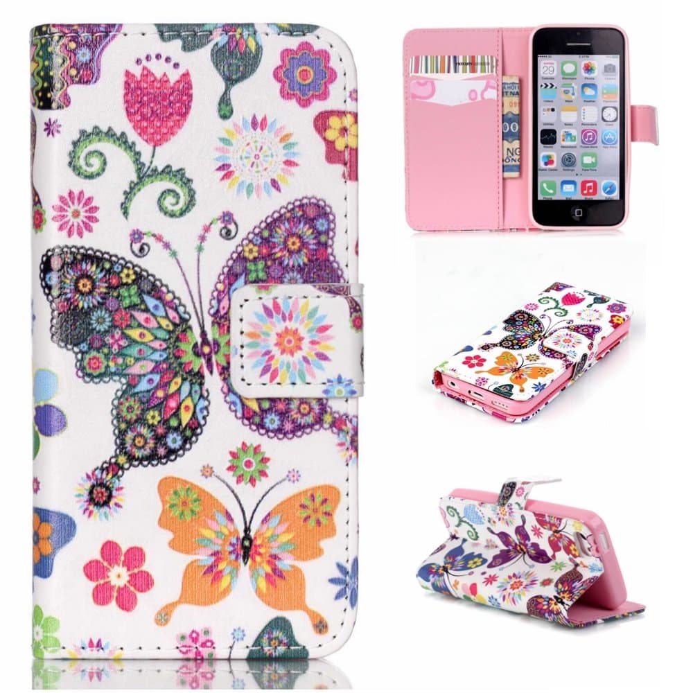 iGrelem® Wallet Leather Case for iPhone 5C, Dandelion, Love Heart, Rose, Butterfly, Colorful Pattern PU Leather Case for Apple iPhone 5 c, iPhone 5c Protective Cover (Butterfly, Multicolor)