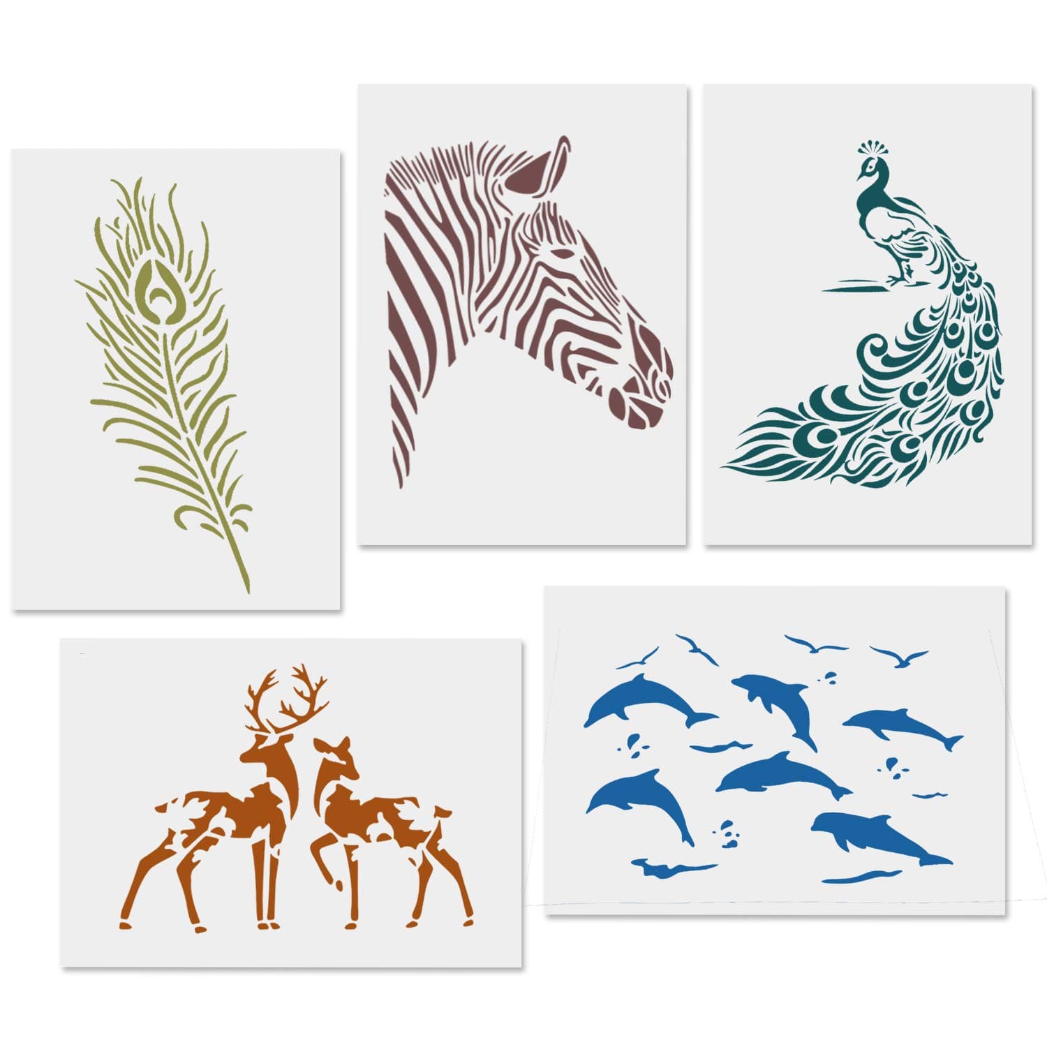 CODOHI 5 Packs Animals Stencils Zabra Peacock Feather Deer Dolphin Reusable Mylar Template - DIY Craft Stencils for Painting 8.3"x11.7"