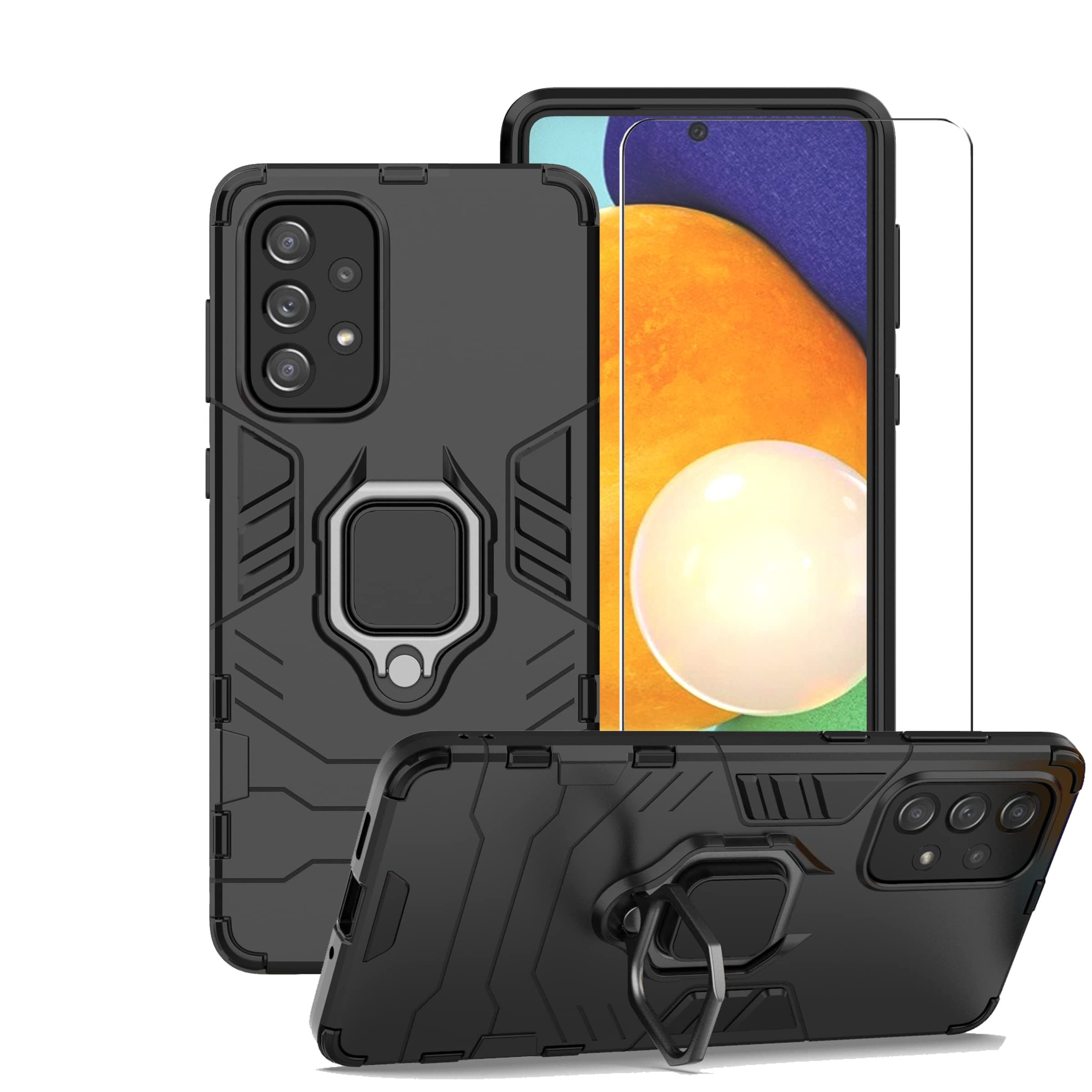 Chengmi ZMONE for Samsung Galaxy A73 5G Case Cover with Glass Screen Protector , Heavy Duty Dual Layer Military Grade Shockproof Protective Cover with Magnetic Ring Kickstand - Black