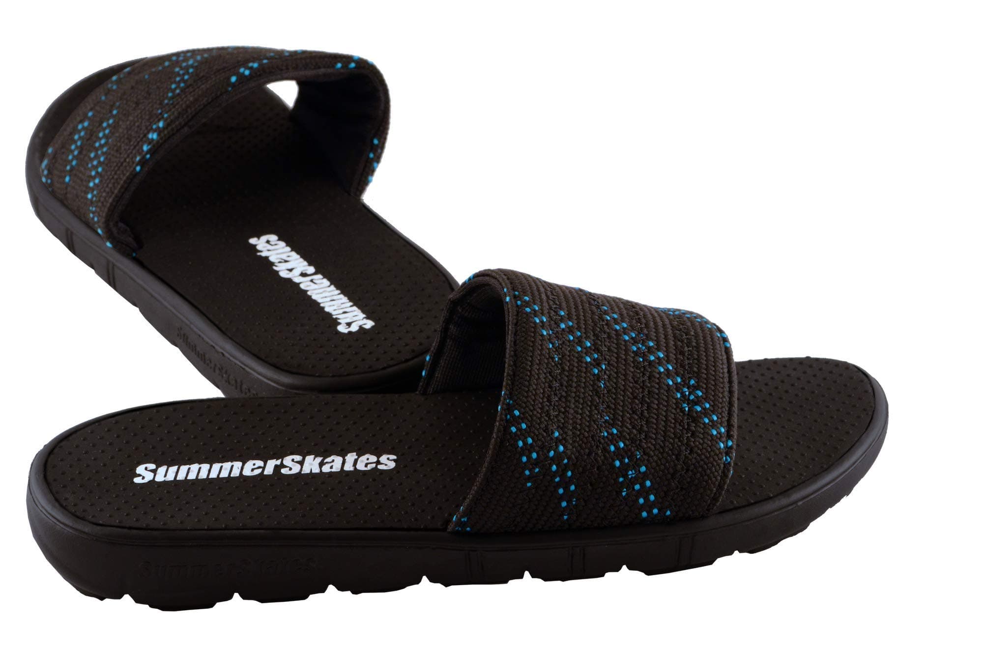 SummerSkates Sandals Hockey Lace Slide Sandals, Sport Sandal for Men, Women - Black with Blue Lace Design