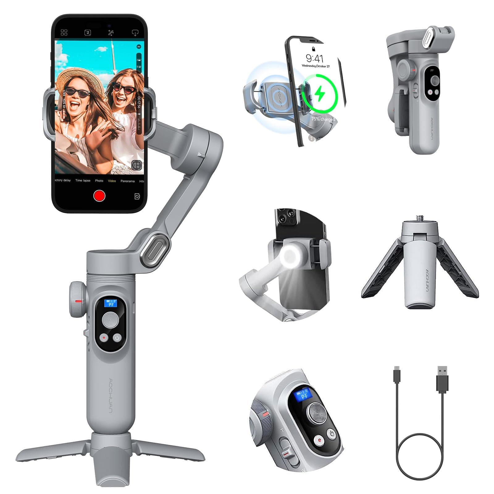 AOCHUAN Smart X Pro Gimbal Stabilizer for Smartphone with Face Detection LED Light Gimbal Foldable Phone 3 Axis Portable iPhone16 15 14 13 12Pro/Max Galaxy S24 Youtube TikTok