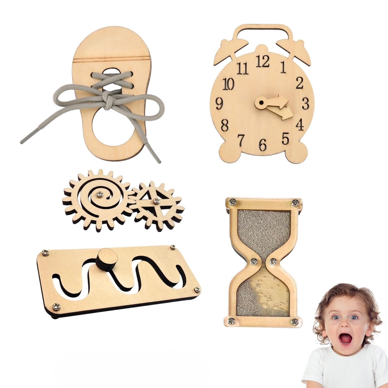 5 pieces Busy Board Diy Parts - DIY Materials for Parents - Sensory Board Accessories -Wooden Activity Parts -Maze-Learning Clock- Gear-Sand Clock-Learn to Tie Shoe Laces- Montessori Educational Items