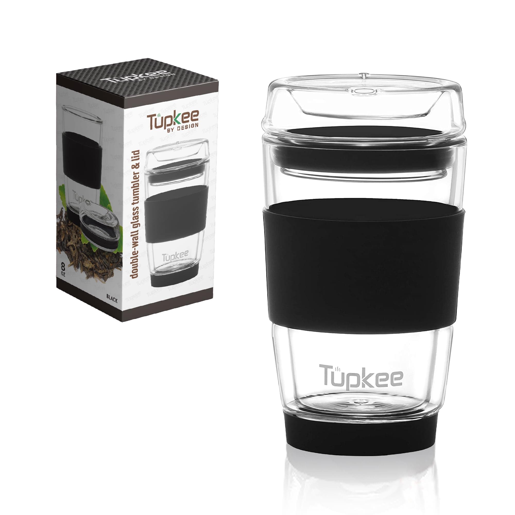 Tupkee Double Wall Glass Tumbler - 8-Ounce, All Glass Hand Blown Reusable Insulated Tea/Coffee Mug & Lid, Travel Mug - Black