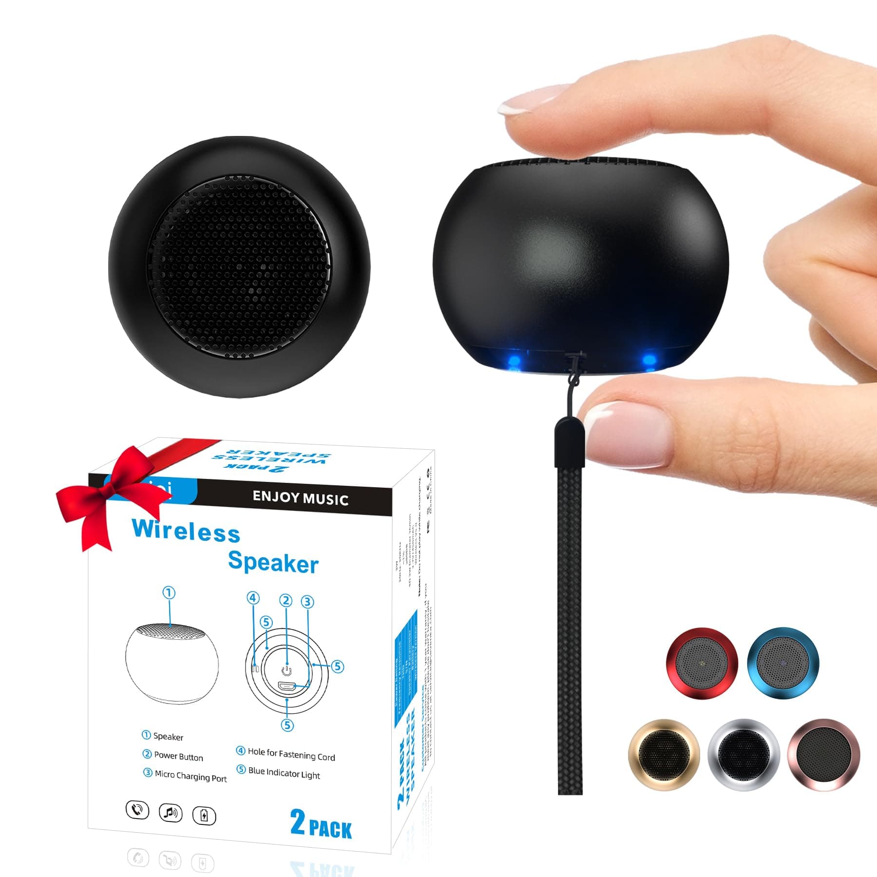 2Pack Portable Mini Speaker, Bluetooth Tiny Speaker,Wireless Micro Speaker for Phone/PC/Tablet, Rechargeable Battery, Built-in Microphone, Cute Mini Speaker with Strap to Carry, Black