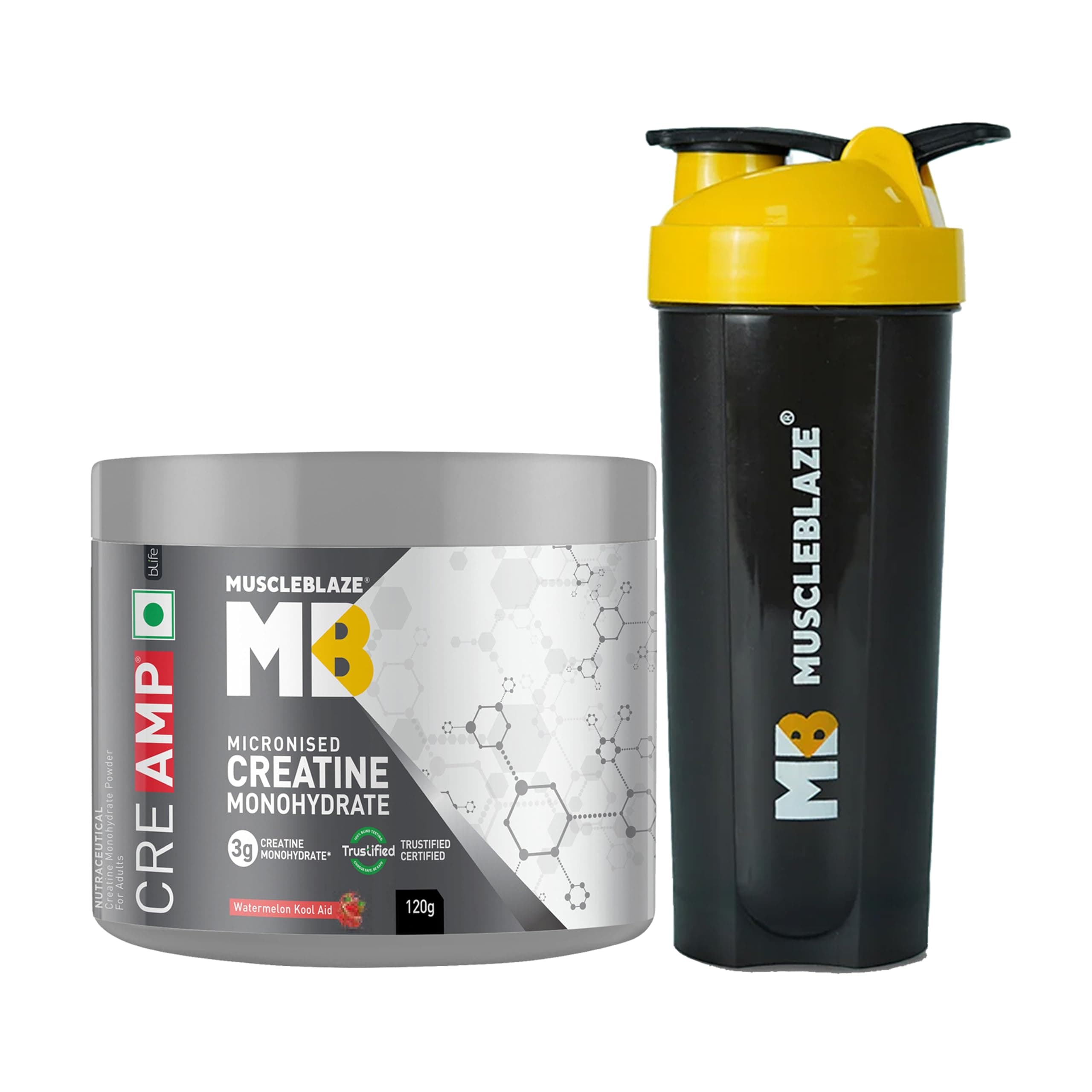 MuscleBlaze Micronised Creatine Monohydrate CreAMP Powder, Watermelon Kool Aid (30 Servings, 120g) with Shaker Combo | Trustified Certified Creatine
