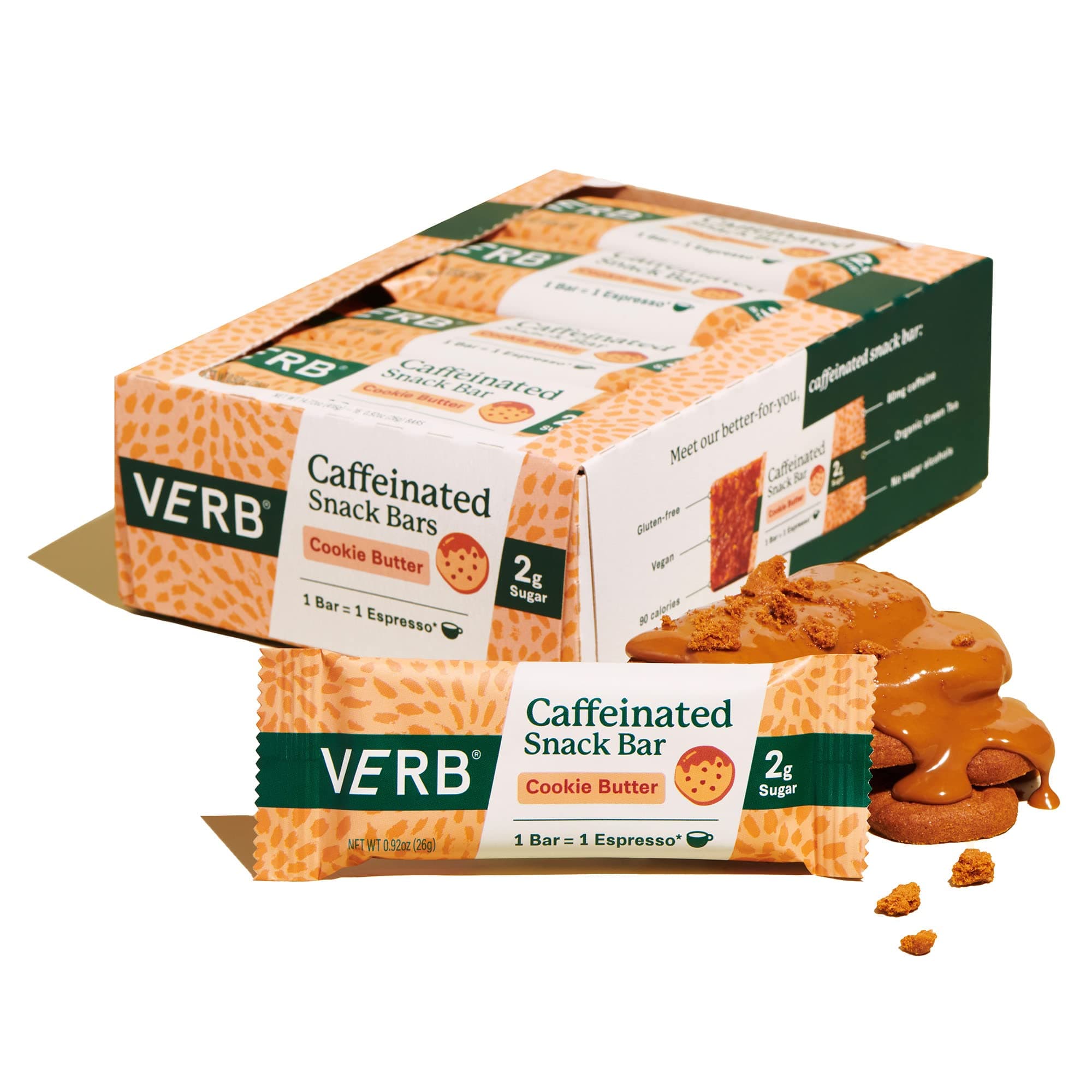 Verb Energy - Cookie Butter Caffeinated Snack Bars - 90-Calorie 2g Sugar Energy Bar - Nutrition Bars - Vegan Snacks - Gluten Free with Organic Green Tea, 26g (Pack of 16)