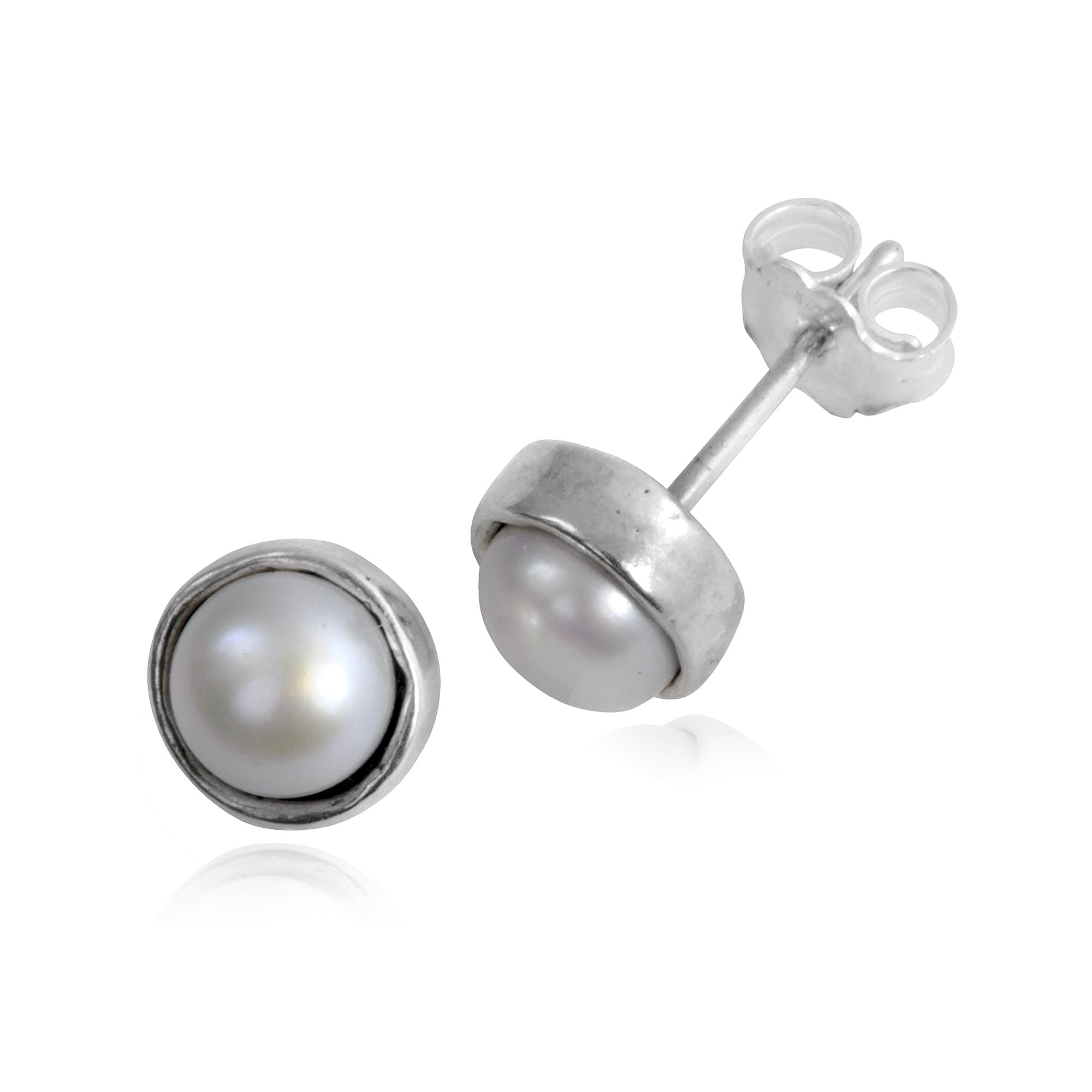 925 Sterling Silver Round Stud Earrings with Simulated Pearls