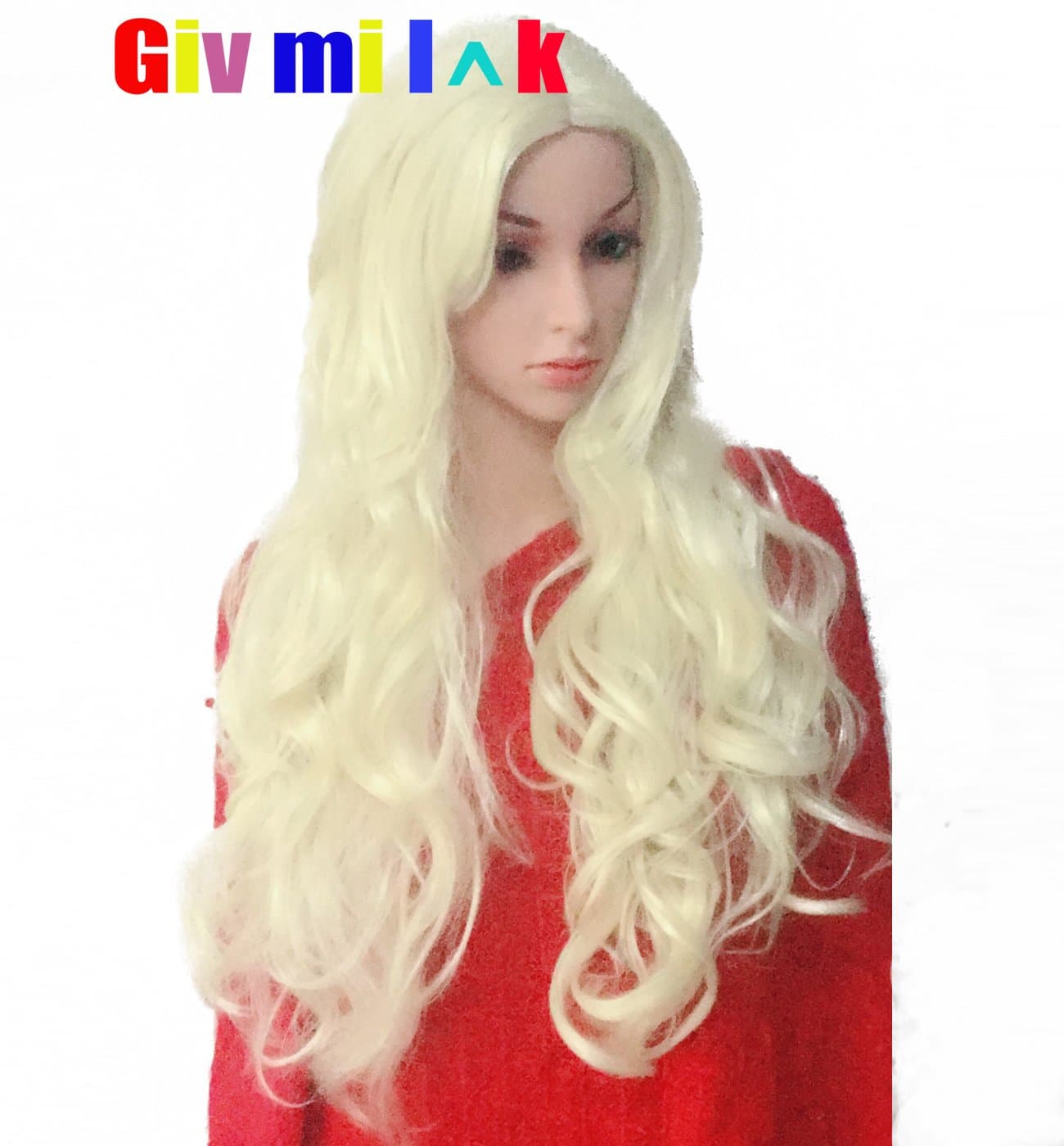 Givmiluck Halloween Cosplay White Blonde Wig with Side Bangs Platinum Blonde Cheap Wigs for Women 24 inches Long Wavy Synthetic Wigs under 10 Costume Wigs Free Choker (Platinum Blond)
