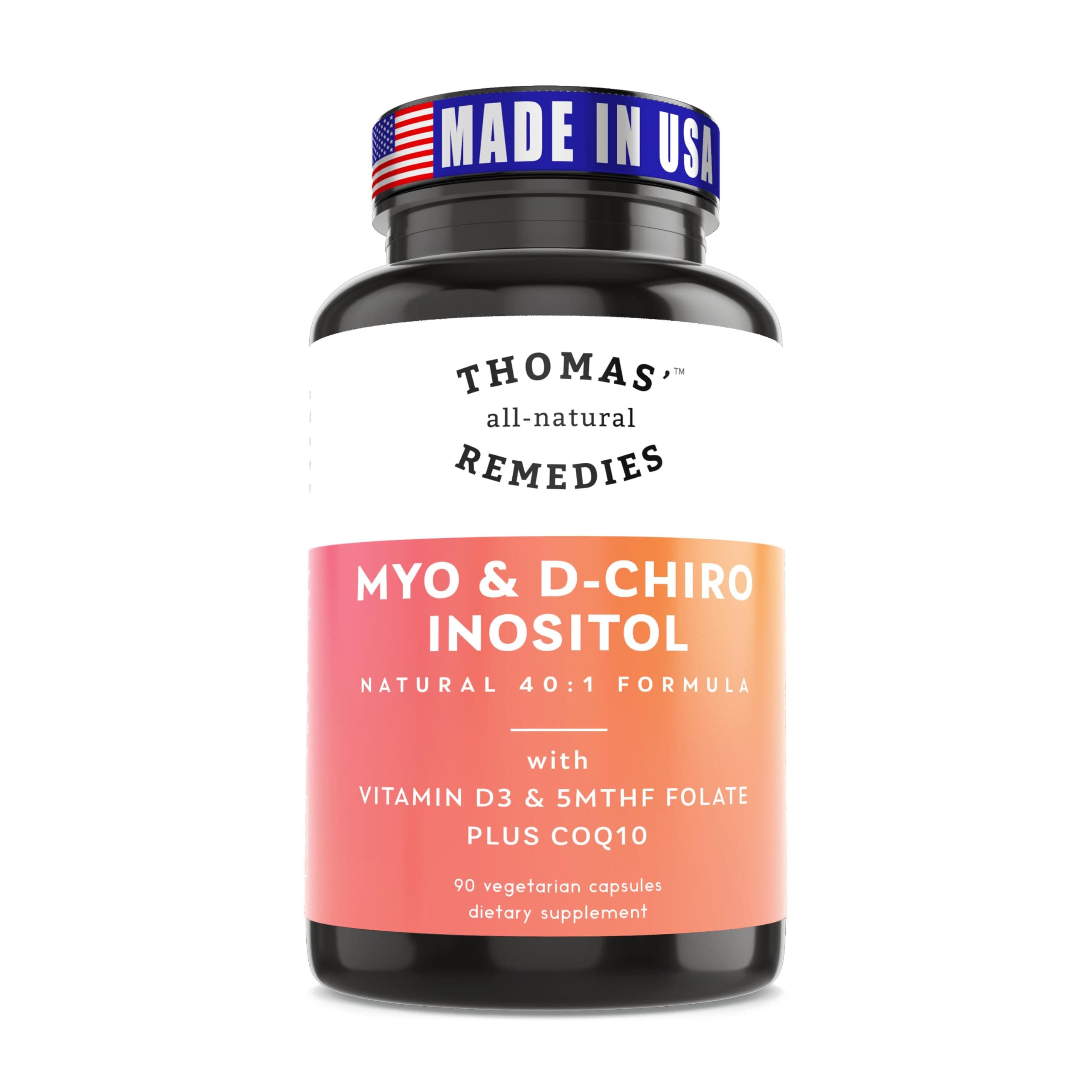 Thomas' all-natural Remedies Myo Inositol Supplement & D-Chiro Inositol Blend Supplement with Folate and Vitamin D3, 40 to 1 Ratio, Non-GMO, No Fillers, CoQ10, 90 Vegan Capsules