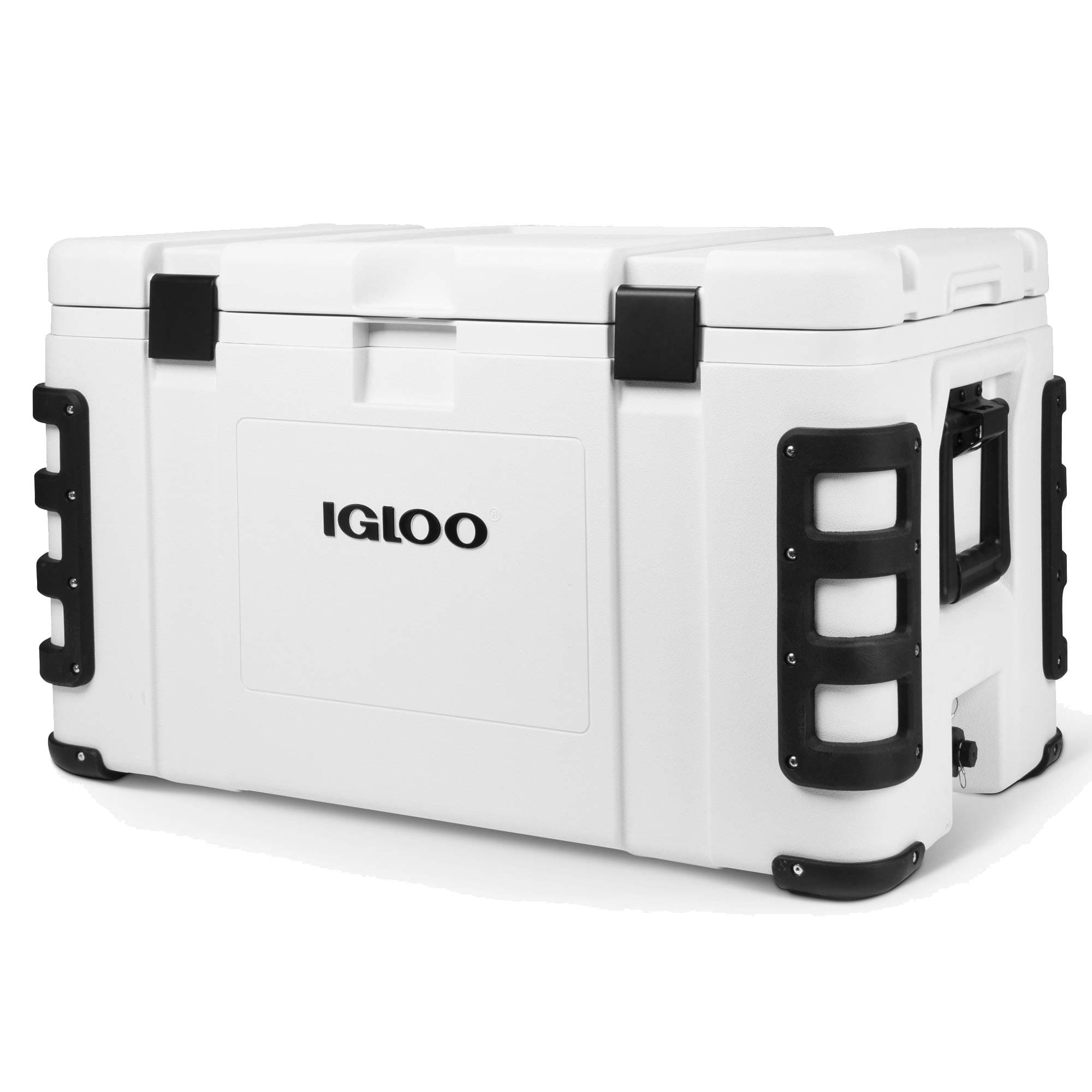 Igloo Leeward 124 Quart Marine Grade Lockable Insulated Fishing Ice Chest Cooler with Cutting Board, Fish Ruler, and Tie-Down Points, White