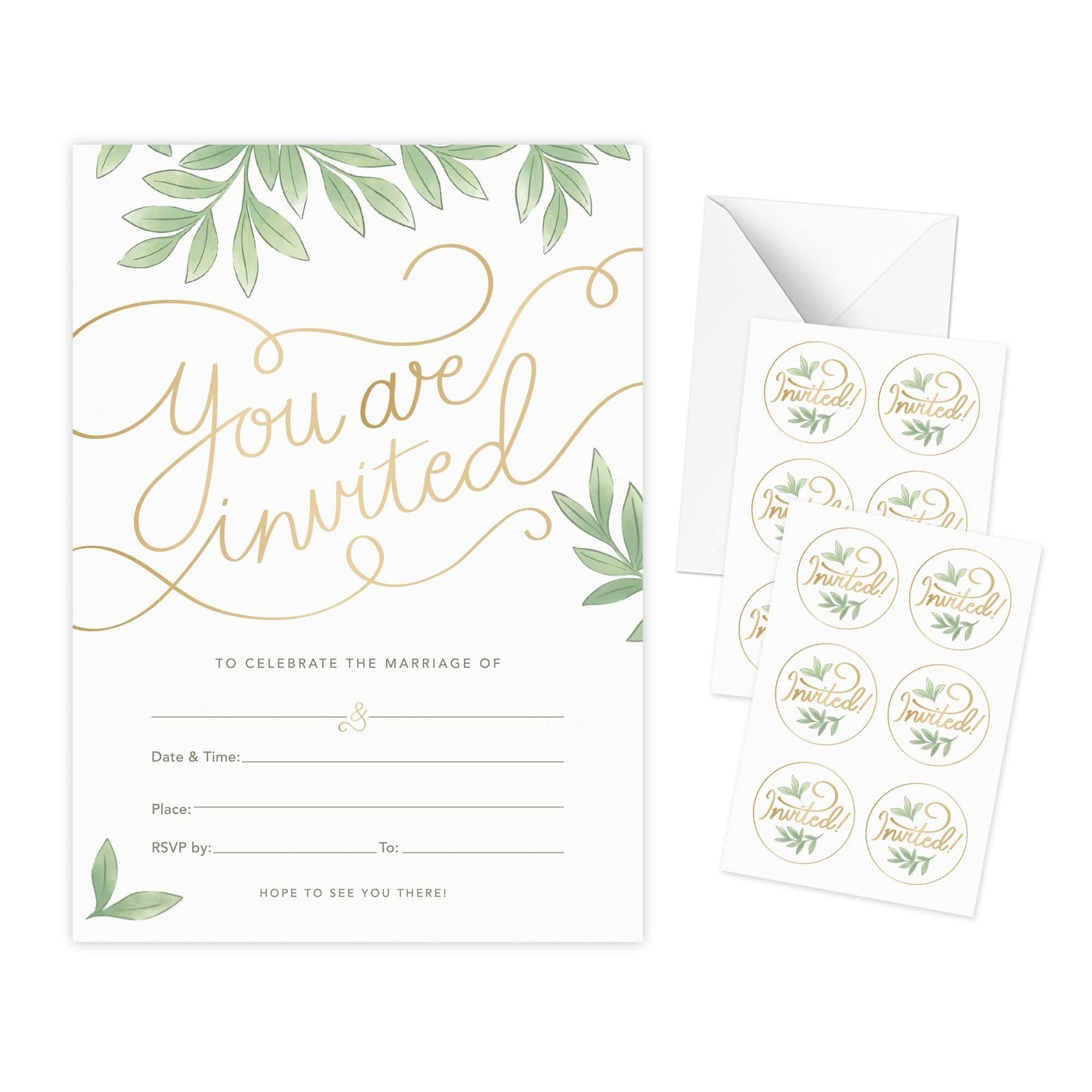 50 Pack Wedding Invitations with Envelopes, Bonus Stickers Included Invitation Cards, Gold Foil Print and Leaf Design, Wedding Invites 13x18 cm (5x7 Inches)