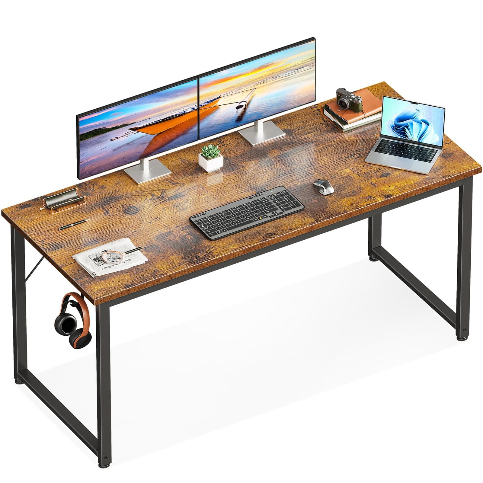 Casaottima 54 Inch Computer Desk for Home Office, Study Writing Table for Small Spaces, Simple Modern Desk with Headphone Hooks, Rustic Brown