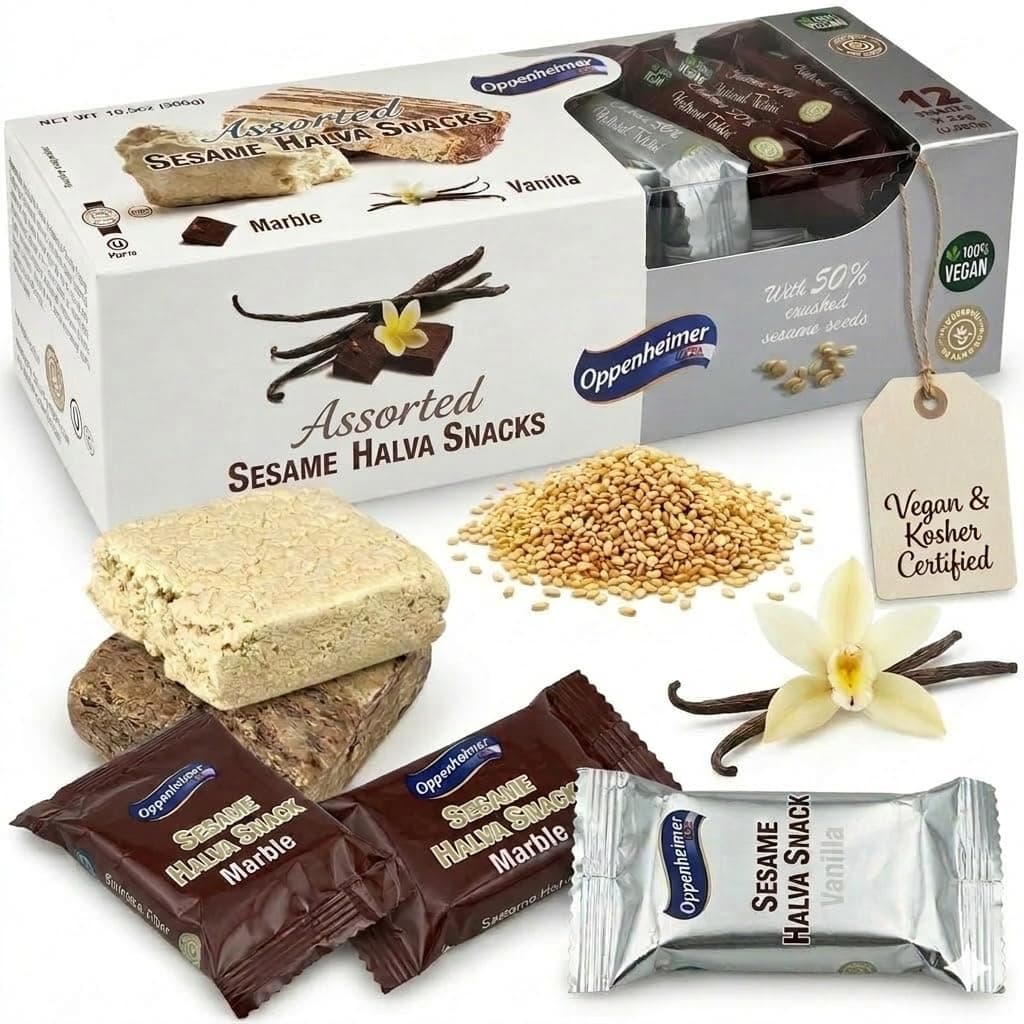 Assorted Sesame Halva Snacks Vanilla and Marble Flavors - Delicious Sweet Israeli Snacks Sesame Treat Bars Assortment for Melt-in-Your Mouth Delight, Vegan, Kosher - 12 Pack, 0.88 Oz Each (Total 25g)