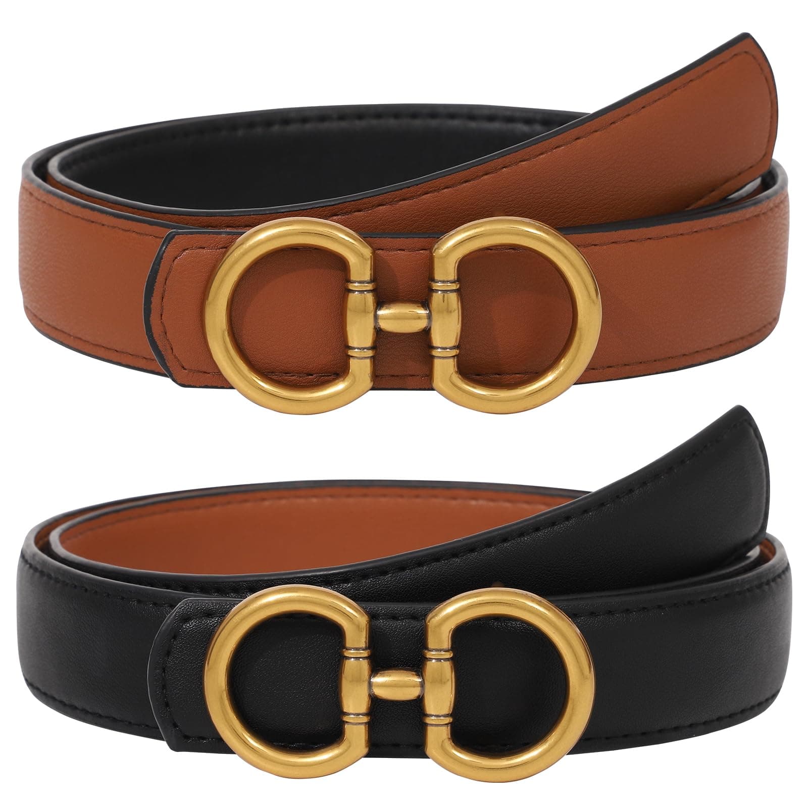 Reversible Belt for Women - Two-in-One Women Fashion Leather Belt for Jeans with Golden Buckle