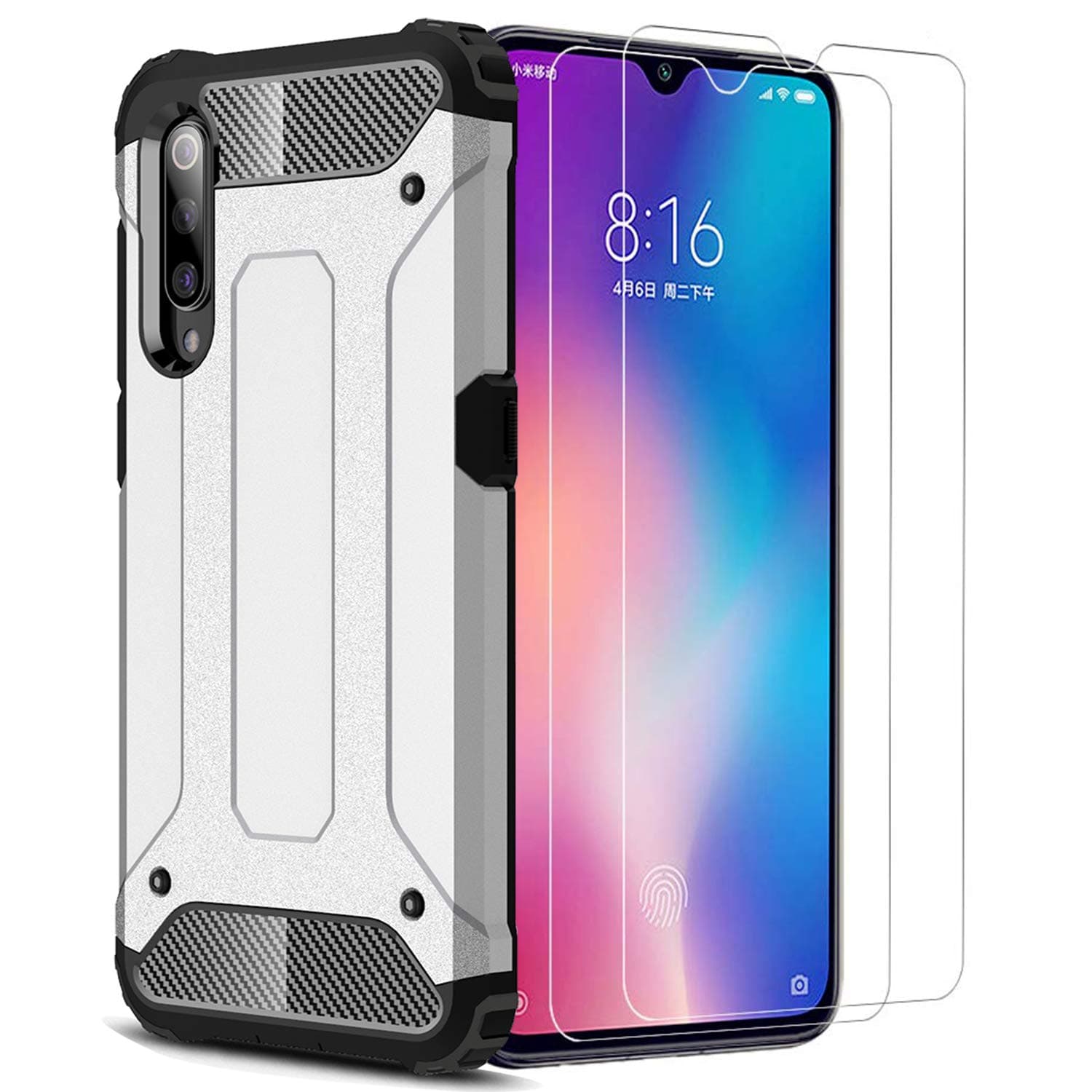 XIFAN Case for Samsung Galaxy A50 [Heavy Duty] Armor, Tough Hard Protective Shockproof Dual Layer Armor Shockproof Bumper Cover for Samsung Galaxy A50, Silver + 2 PACK Screen Protector