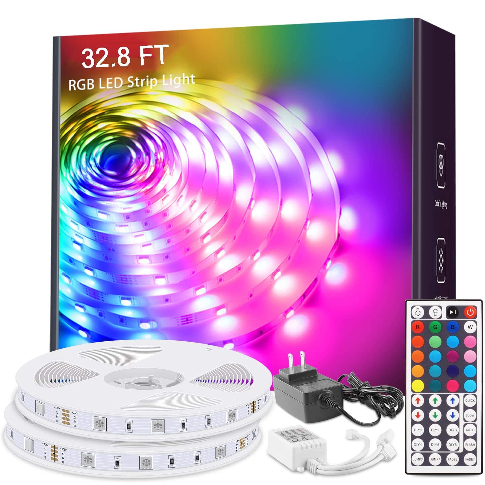 BATHEBRIGHT Led Strip Lights, 32.8ft RGB Color Changing for Bedroom, Room, Kitchen, Ceiling with 44 Keys Remote Control (300leds)