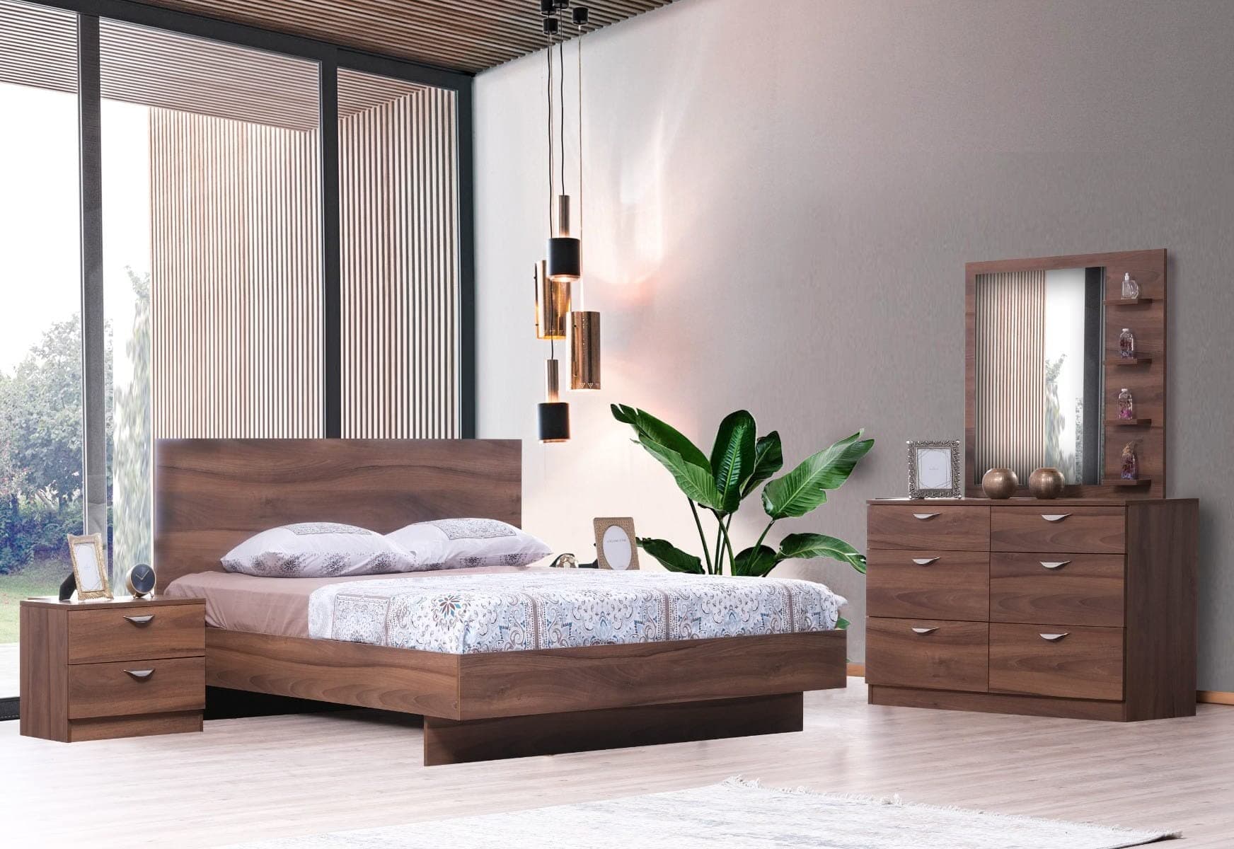 Danube Home Belfast King Bed + 2 Night Stand And Dresser With Mirror | King Size (180x200cm) Bed Frame | Strong and Sturdy Modern Wooden Bedroom Furniture | Bed Set - Walnut