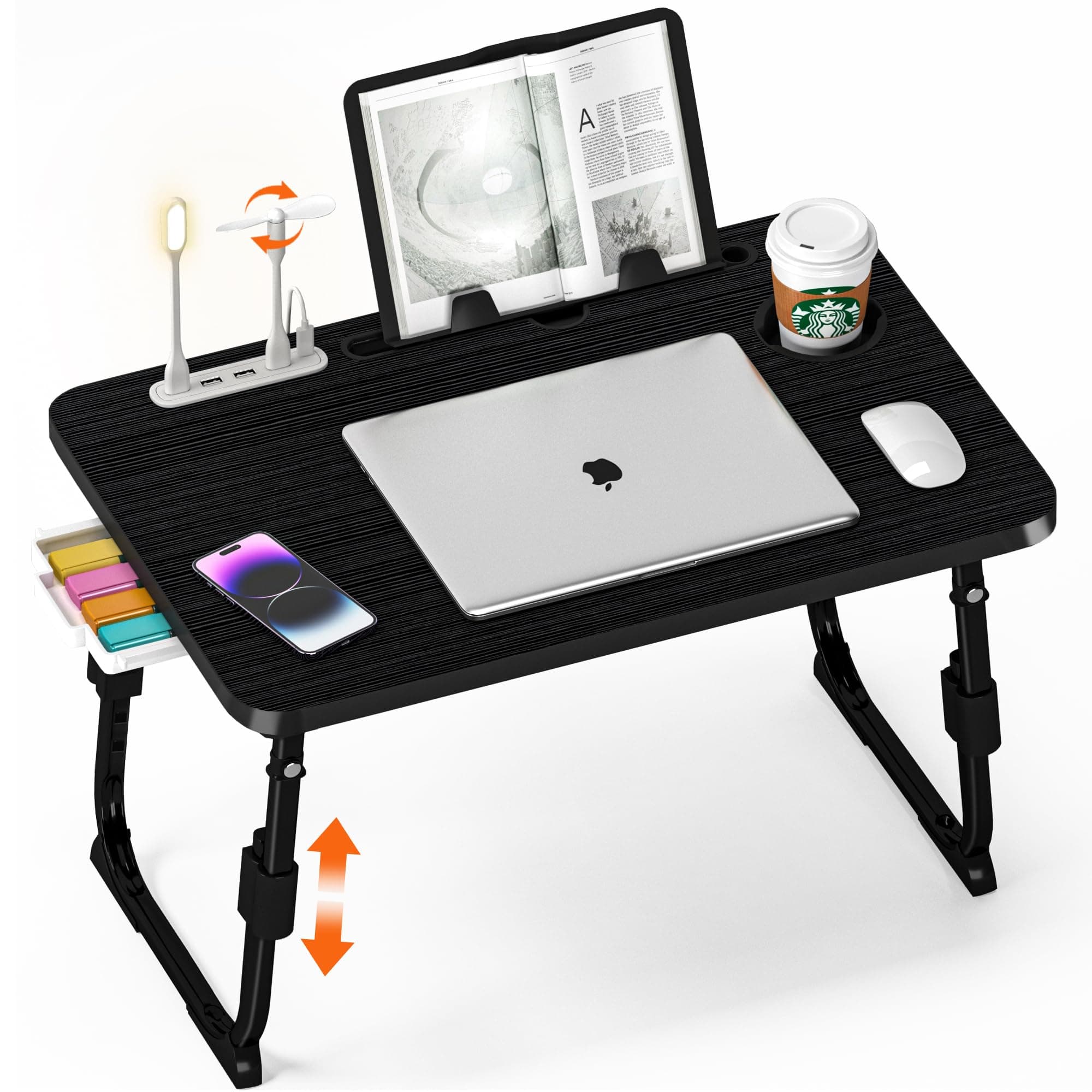Laptop Desk for Bed Height Adjustable, Lap Bed Table with USB/Storage Drawer/Cup Holder/Tablet Stand/Book Shelf, Foldable Breakfast Tray Portable for Reading Writing, Sofa & Floor, Black