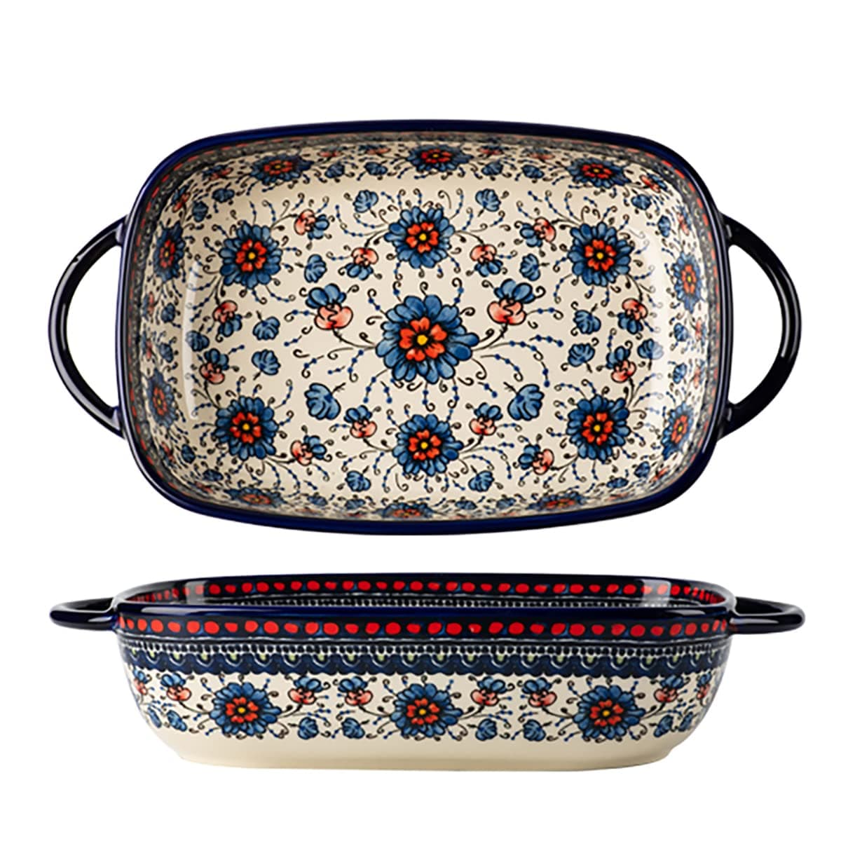 Vintage Style Pottery Bakeware Ceramic Casserole Dish Baking Pan Lasagna Pans Baking Dish with Handles for Oven/Cooking/Kitchen-1 PCS, Large Capacity, 60 OZ