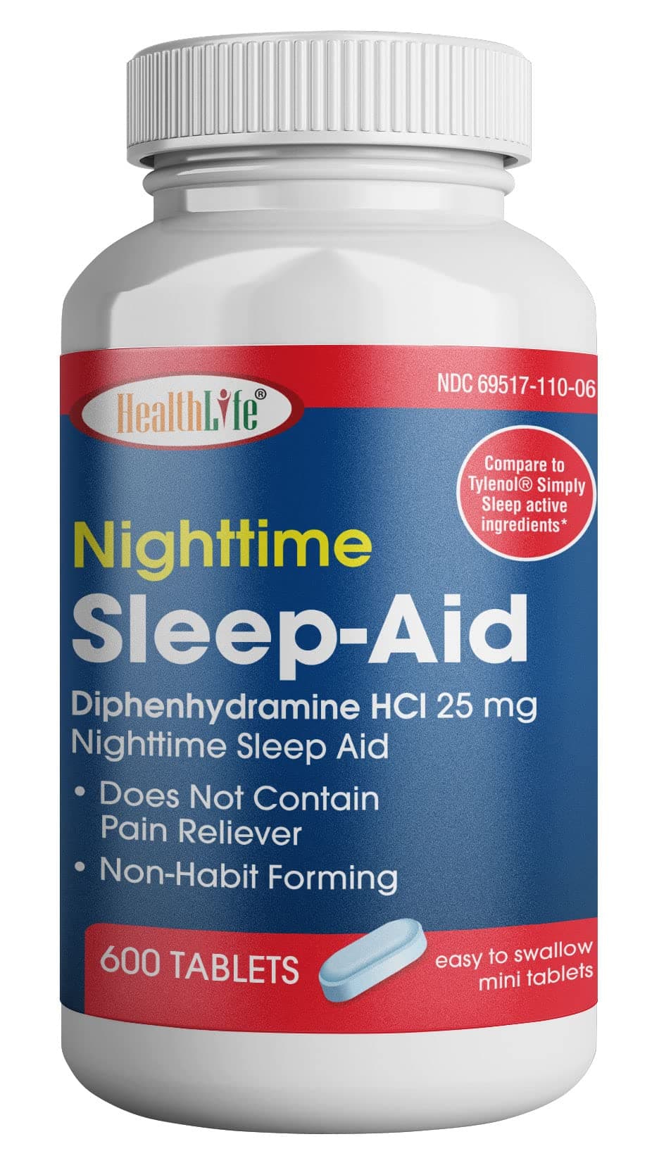 HealthPharma Nighttime Sleep-Aid, Diphenhydramine HCL Caplets, 25 mg (Blue), 600 Count