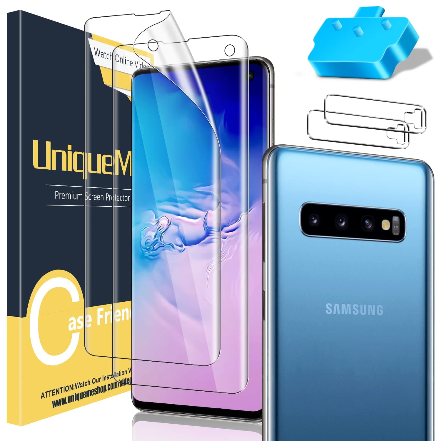 UniqueMe [3+2 Pack] Full Coverage Flexible TPU Screen Protector and Tempered Glass Camera Lens Protector for Samsung Galaxy S10 [Easy Installation Tool][Bubble Free]