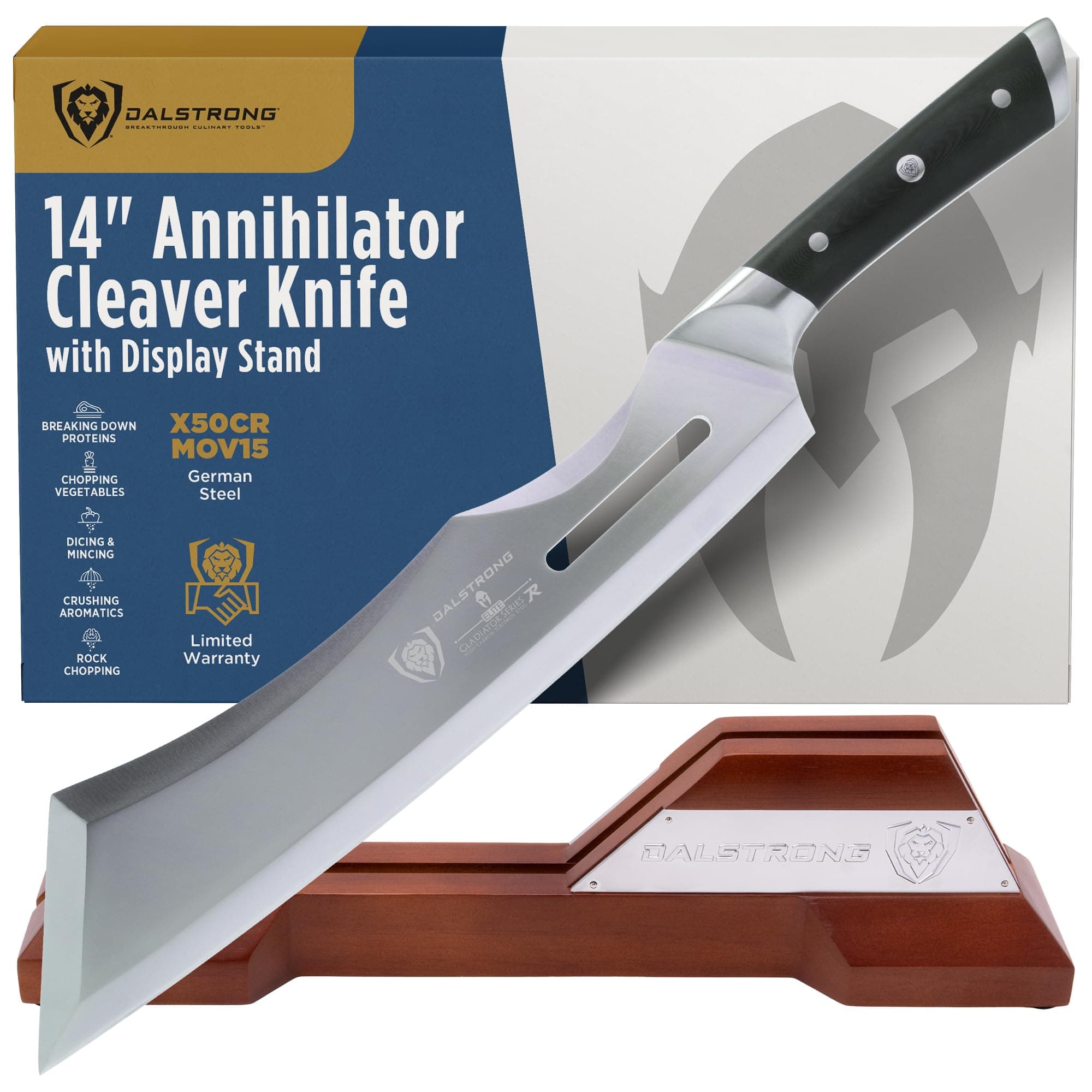 Heavy Duty Cleaver Knife - 14" Blade - Gladiator Series R - The 'Annihilator' - 14" - 7CR17MOV High Carbon Steel - G10 Handle - w/Stand & Sheath