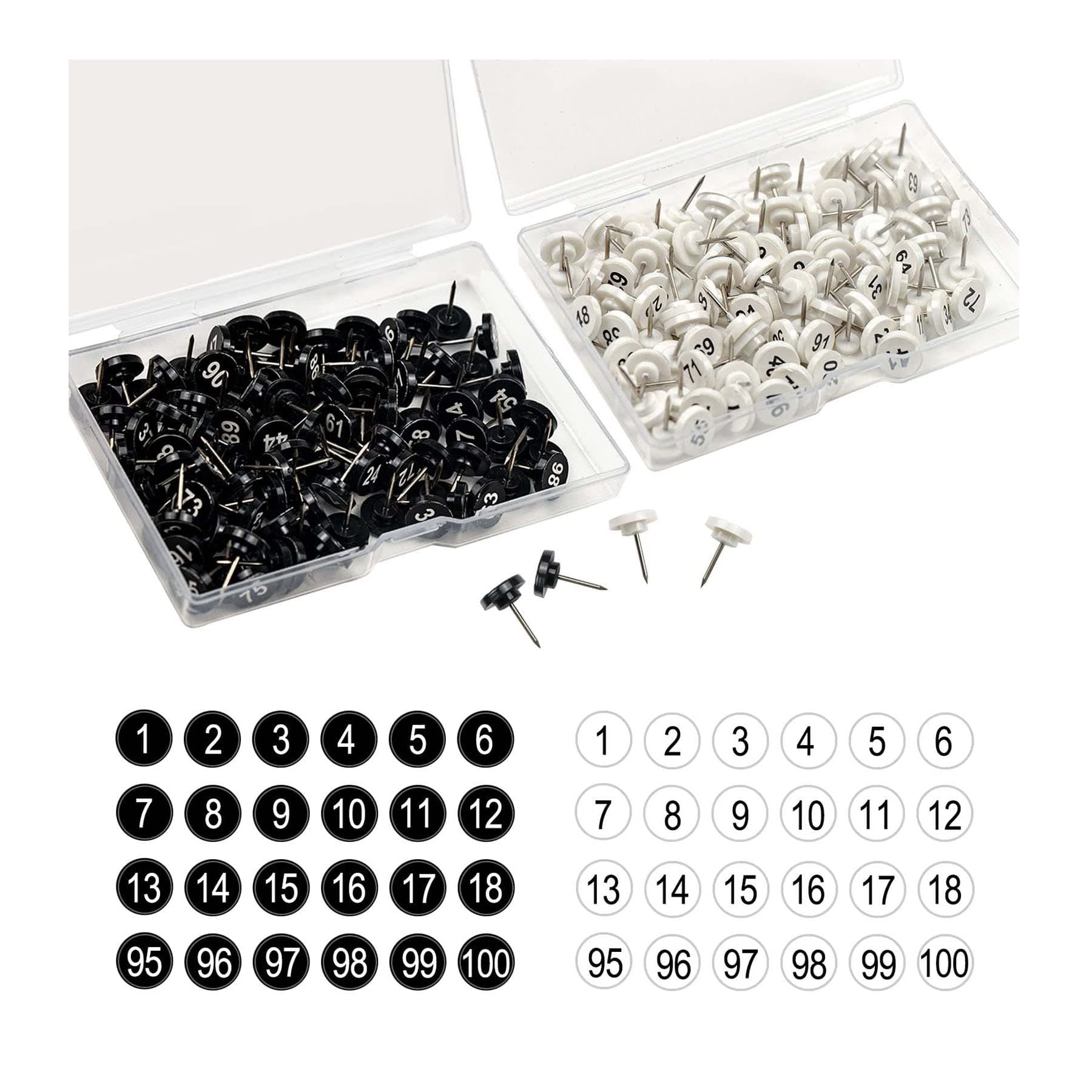 ELANE Push Pins for Cork Board, 200pcs Map Tacks and Numbered Thumb Pins (Black+White, Modern Style, Alloy Steel & Plastic)
