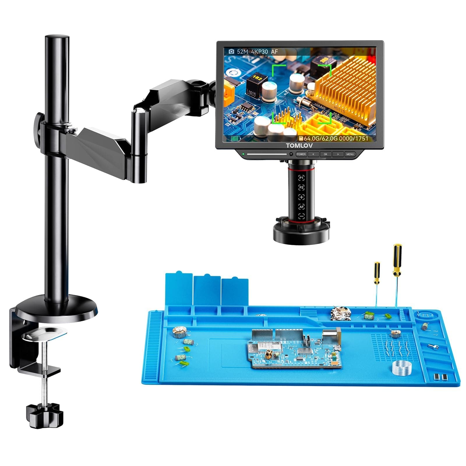 TOMLOV TM4K-AF Flex 4K Autofocus Digital Microscope HDMI, 8" IPS Coins Magnifier 2000X, 52MP Scope Camera for Soldering, with Flex Arm, Electronics Repair Mat, Ring Light, 64GB Card