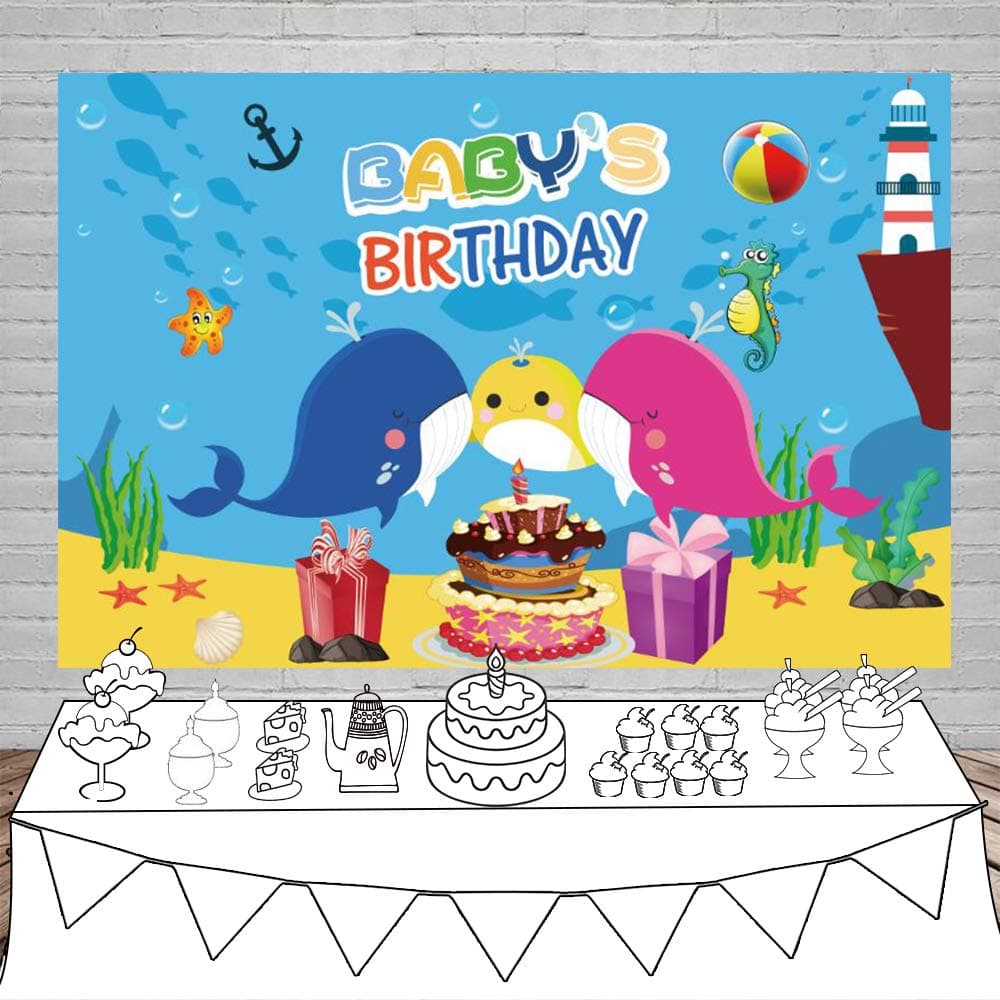 Laeacco Baby's Birthday Party Backdrop 5x3ft Vinyl Photography Background Undersea World Baby Whale Backdrop Shark Starfish Whale Yellow Pink Blue Color Cake Gifts Birthday Decoration Children