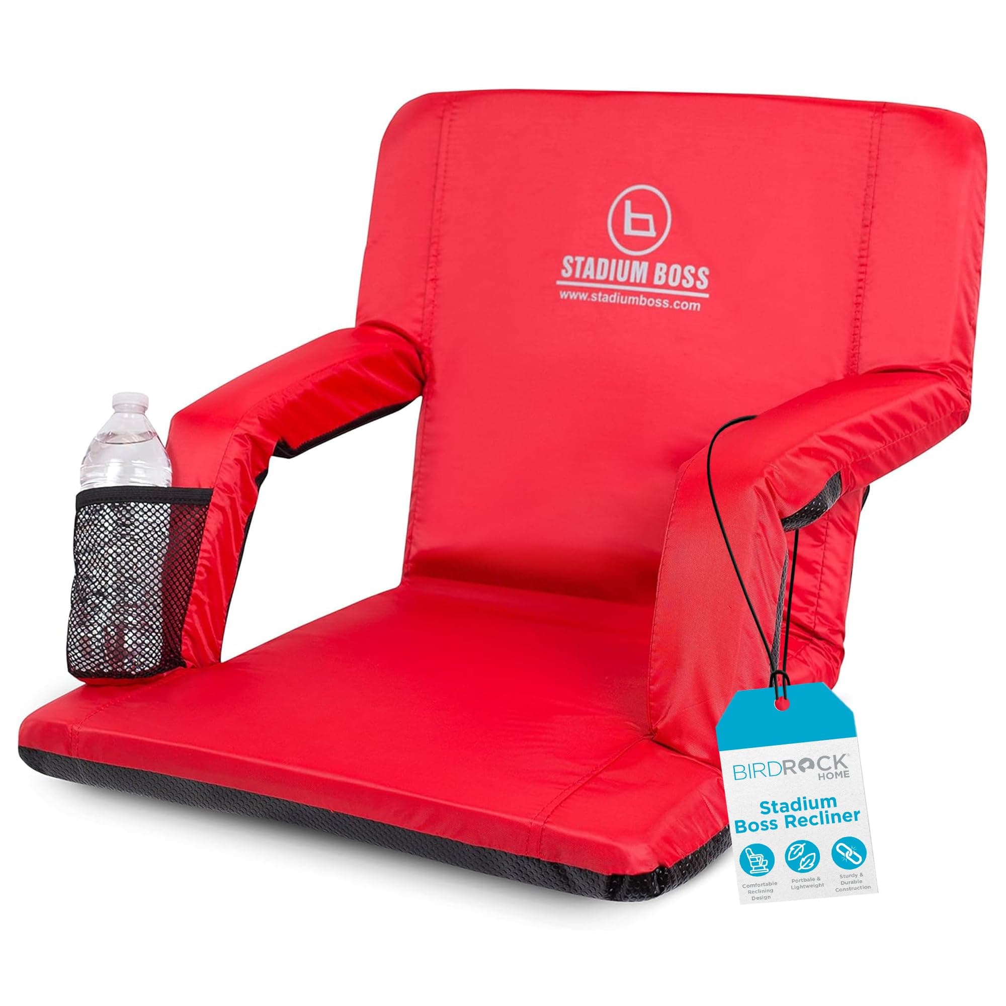 Stadium Boss Recliner Stadium Seat for Bleachers, Benches, Lawns, Backyard, Camping & Beach – Padded Sport Chair, Cushion Backs & Armrest – 6 Reclining Positions – Portable Carry Straps – Red