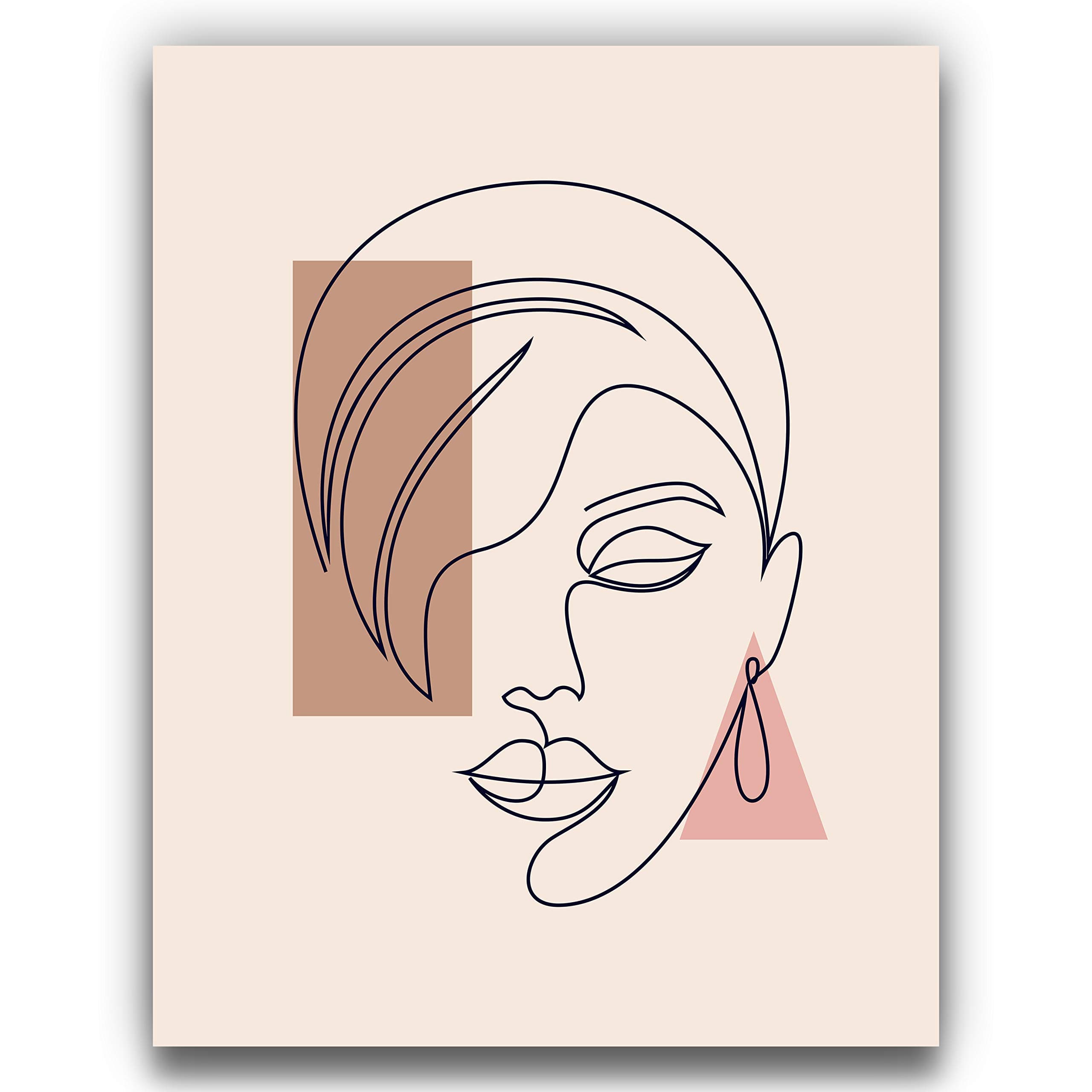 Pink, Tan, Brown Mod Abstract One Line Woman Wall Art | Neutral Beige 11x14 UNFRAMED Print - Lovely Female Face Decor
