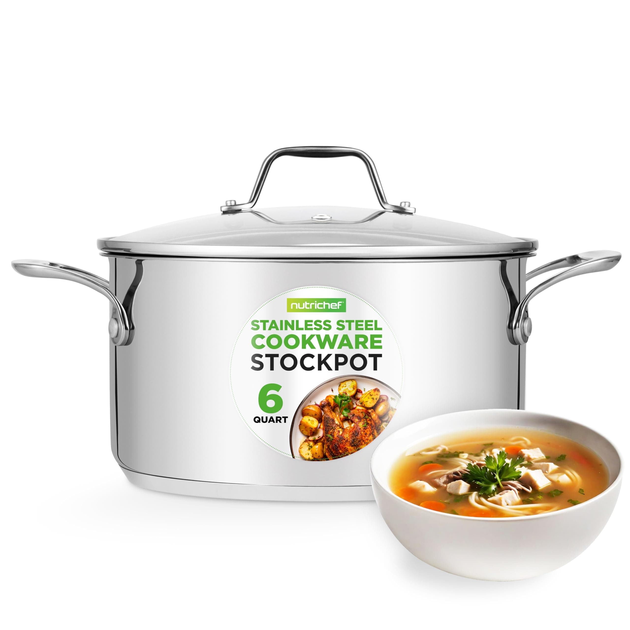 NutriChef 6-Quart Stainless Steel Stock Pot - 18/8 Food Grade Steel Heavy Duty Induction - Stock Pot, Stew Pot, Simmering Pot, Soup Pot with See-Through Lid, Dishwasher Safe - NutriChef NCSP6
