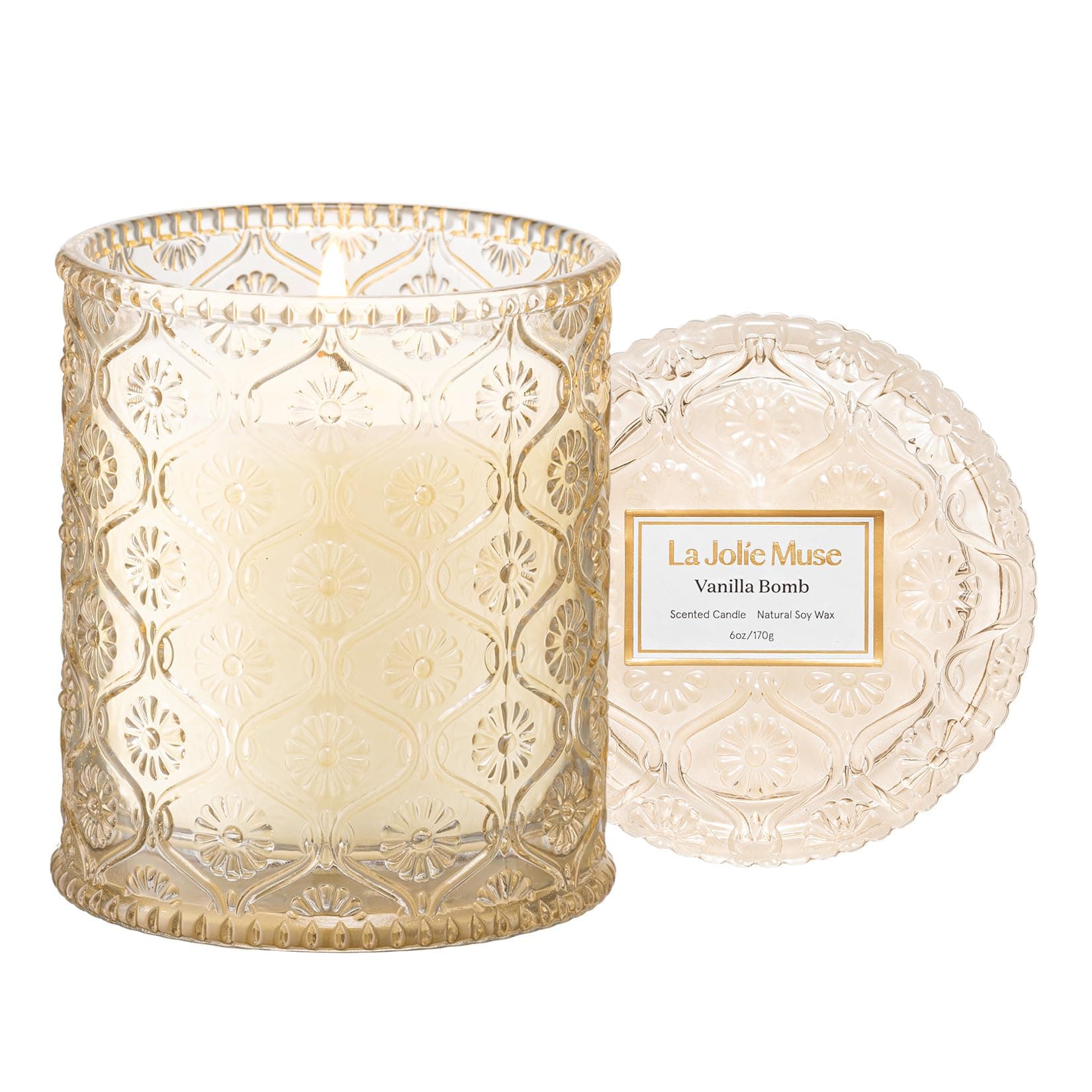 LA JOLIE MUSE Vanilla Bomb Candle | Vanilla, Lemon Zest & Patchouli | 6 oz Cotton Wick | Natural Soy Wax | 40 Hours Clean Burn | Gift-Ready for Hosts | Elegant Home Décor