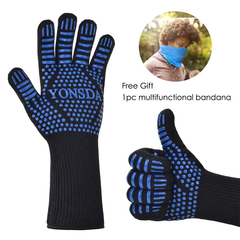 YONSDA Oven Gloves-14 BBQ Cooking Gloves Grill Mitts-Extremely Heat Resistant Up to 932°F Fire & Cut Resistant Gloves Grill Accessories-1 Pair-Ideal Gifts for Men