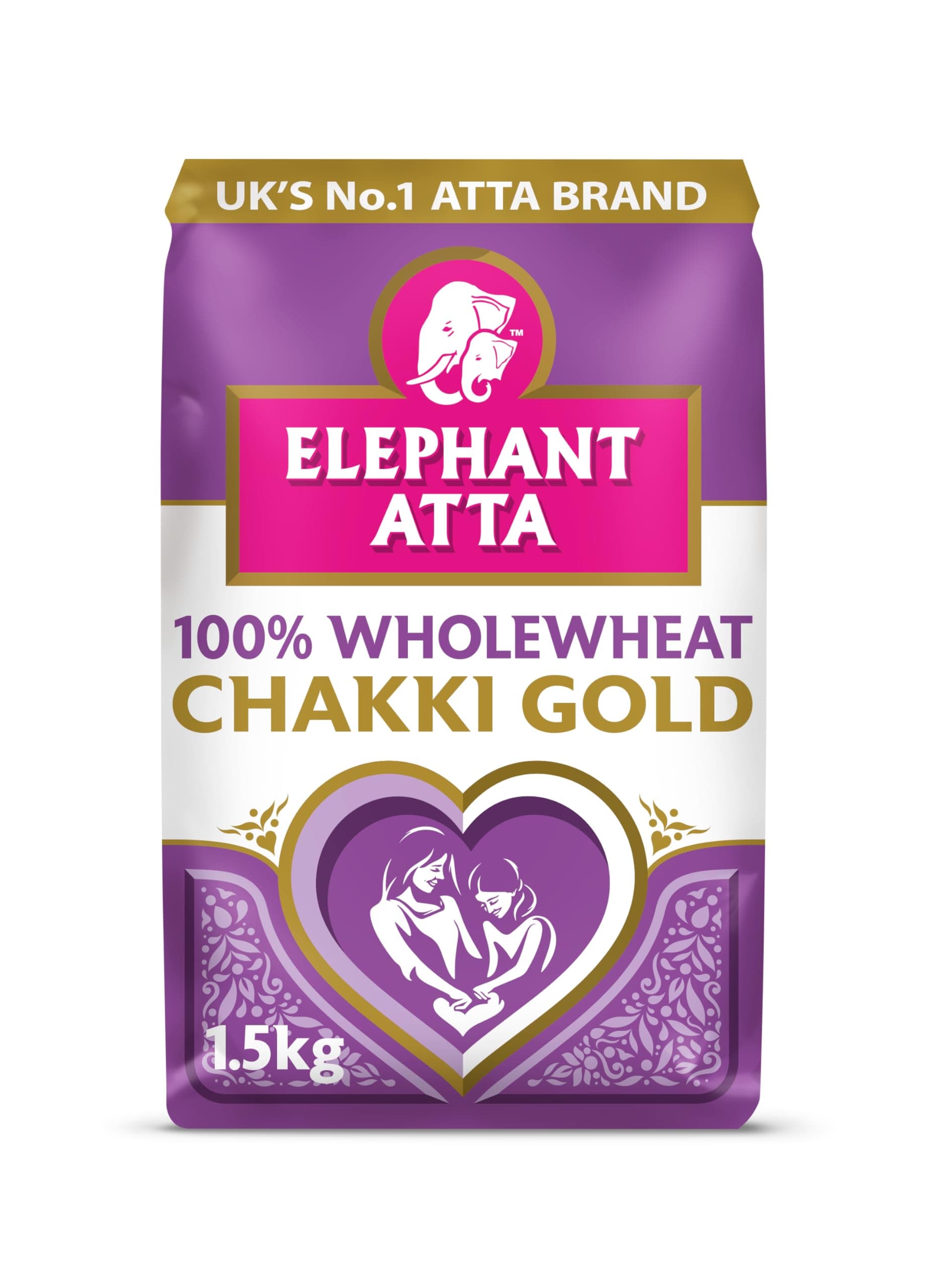 Elephant Atta Chakki Gold Premium Chapatti Flour 1.5kg - 100% Wholewheat Atta, High in Fibre - Chapati, Naan & Roti Flour - Pack of 1 x 1.5kg