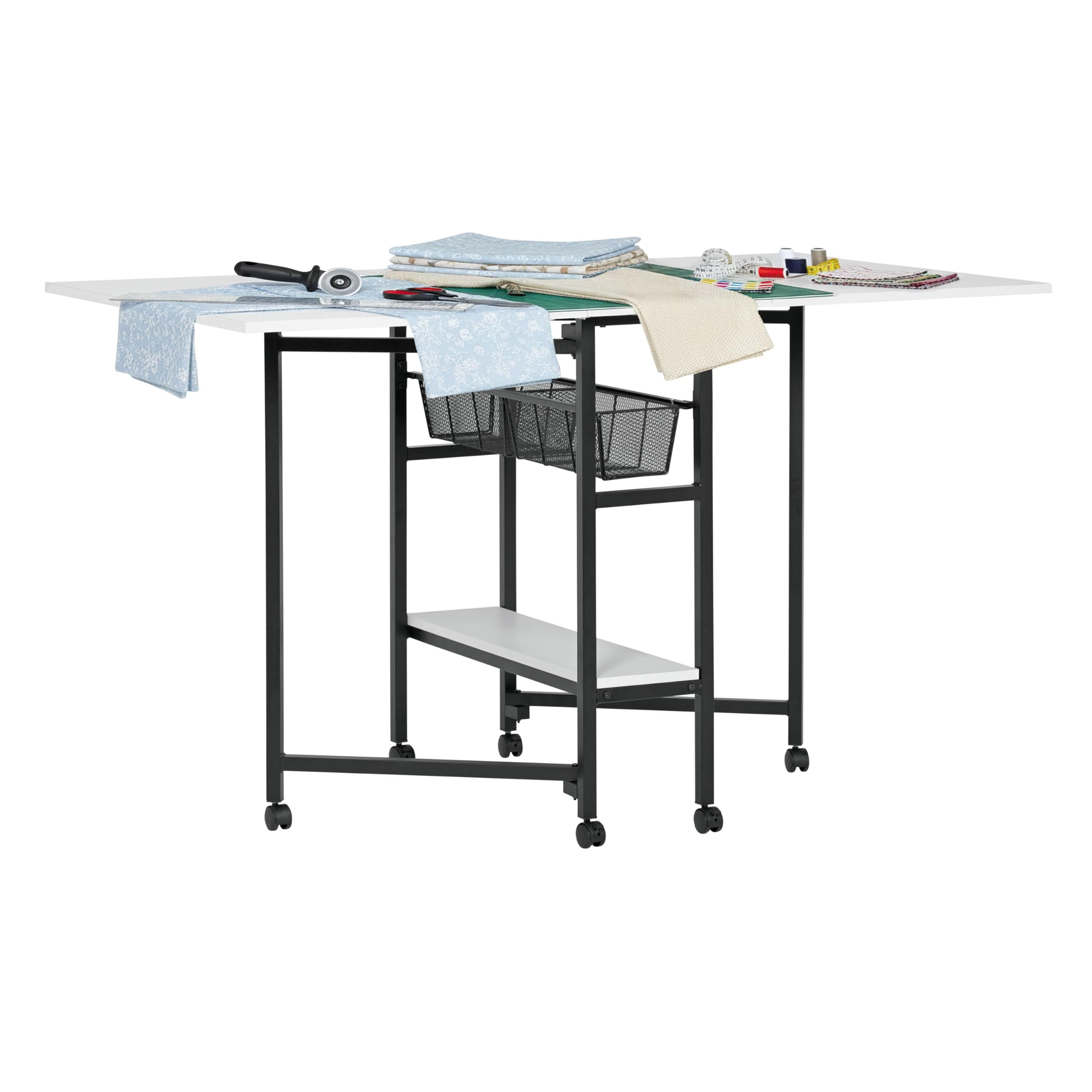 Sew Ready Mobile Fabric Cutting Table with Storage Drawers and Fixed Height, 36" High, Charcoal/White