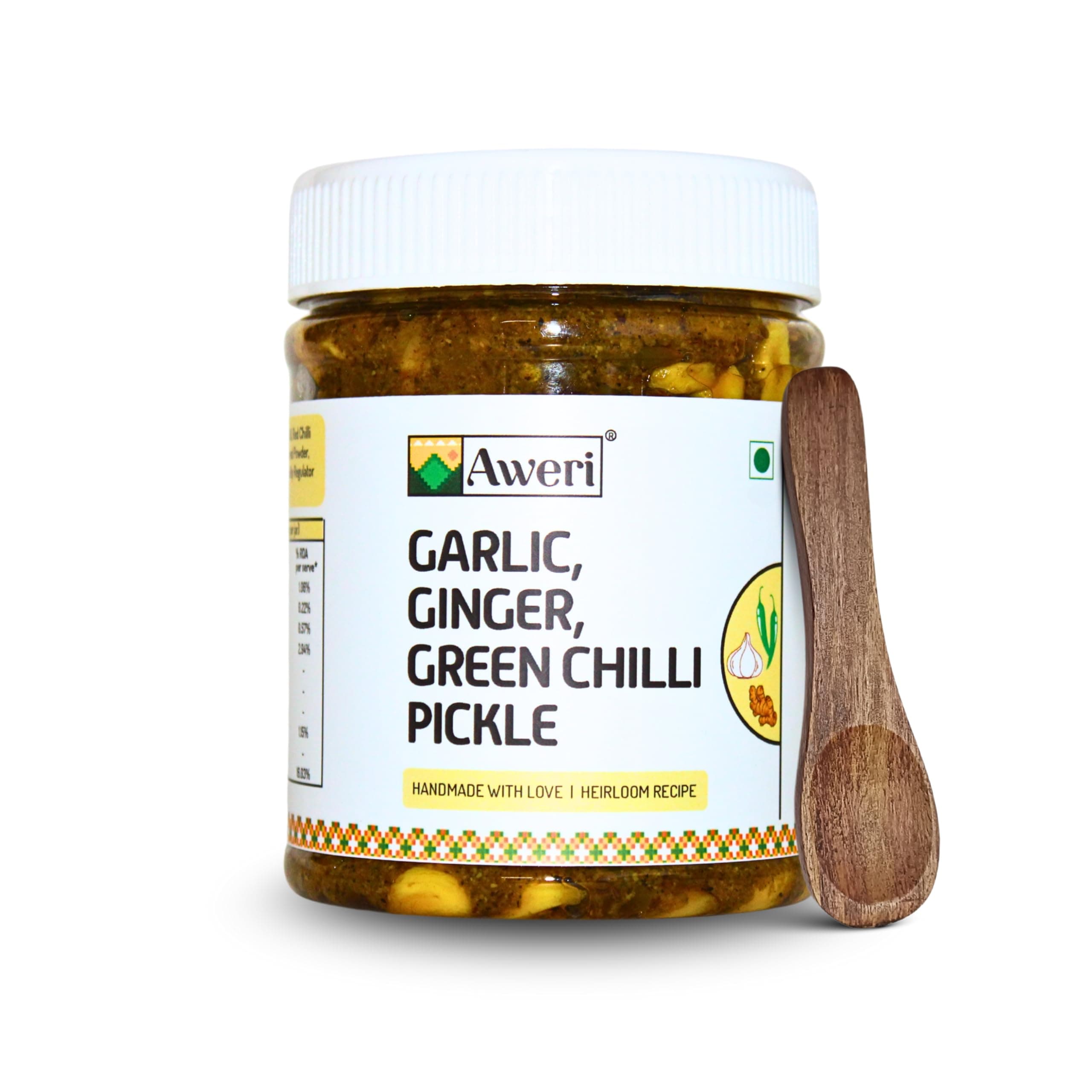 - Aweri Garlic Ginger Green Chilli Pickle (400g) | Includes Sheesham Wooden Spoon | Traditional Indian Achaar | Homemade Style Taste | Made with Cold Pressed Mustard Oil | Adrak Lehsun Mirch Ka Achar