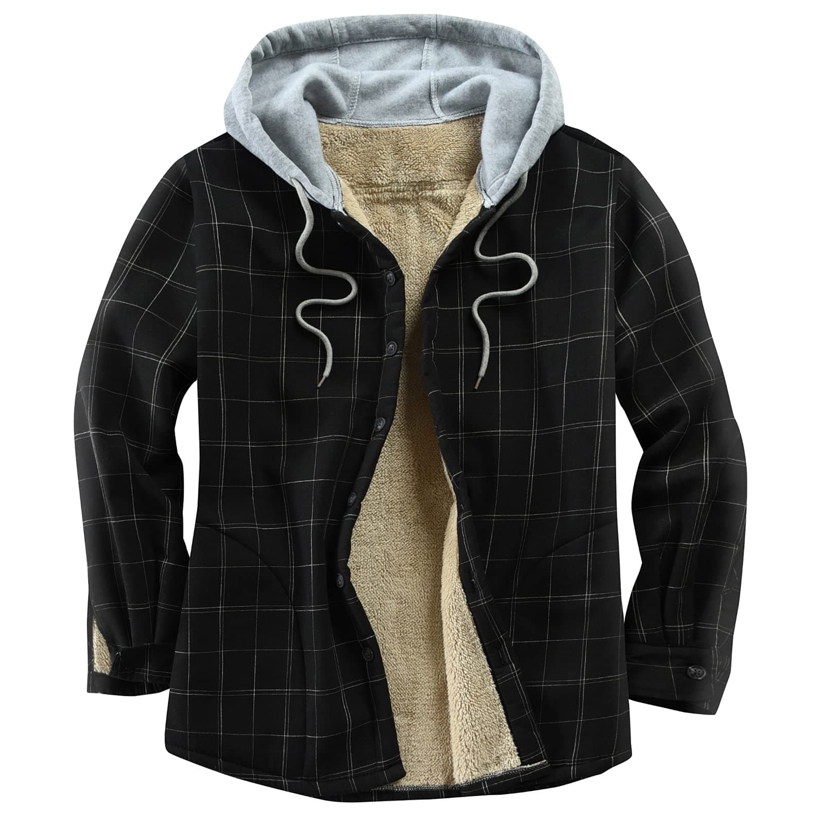 Men's Cotton Plaid Shirts Jacket Fleece Lined Flannel Shirts Sherpa Button Down Jackets with Hood for Men