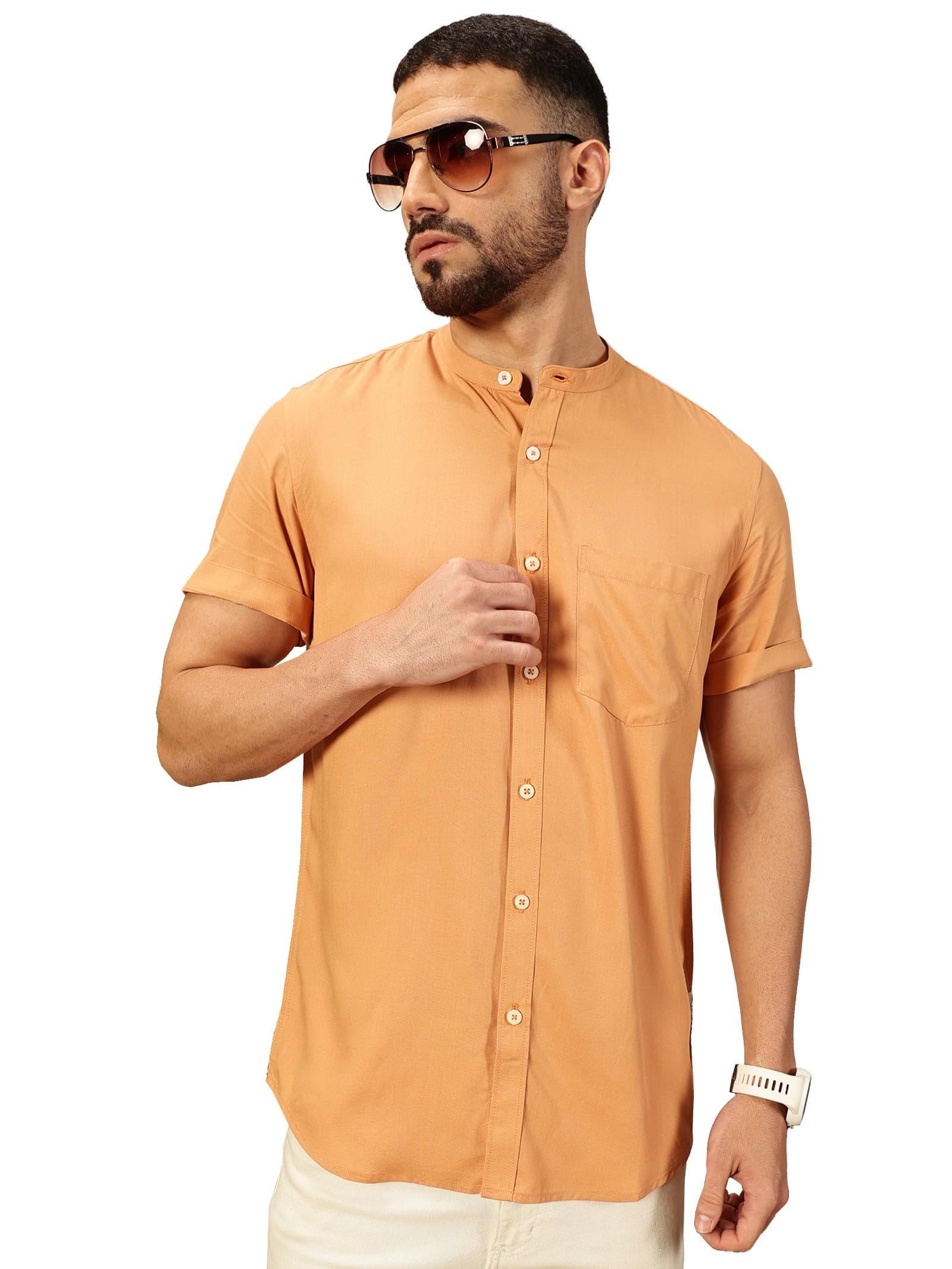 Thomas ScottMen's | Solid | Half Sleeve | Slim Fit | Viscose Rayon | Single Pocket | Mandarin Collar | Casual Shirt