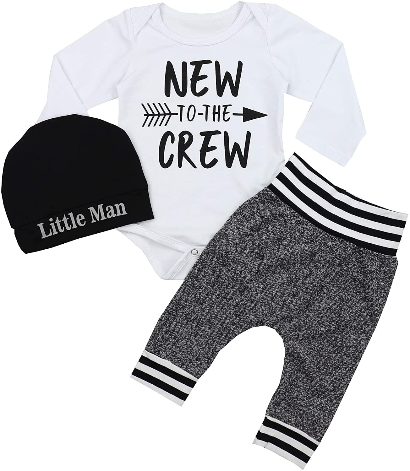Newborn Baby Boy Clothes New to The Crew Letter Print Romper+ Pants+Hat 3PCS Outfit